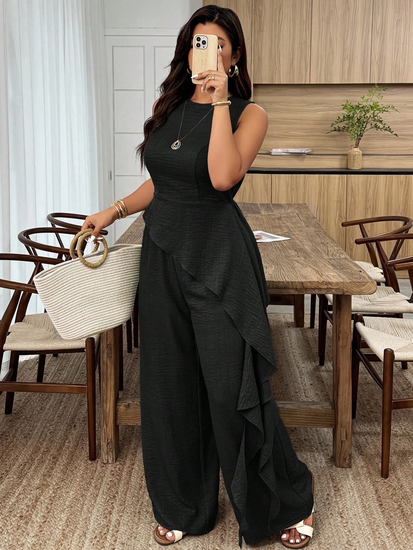 Weeklong Plus Size Women Spring/Summer Round Neck Waist Cinched Asymmetric Hem Ruffle Casual Suit