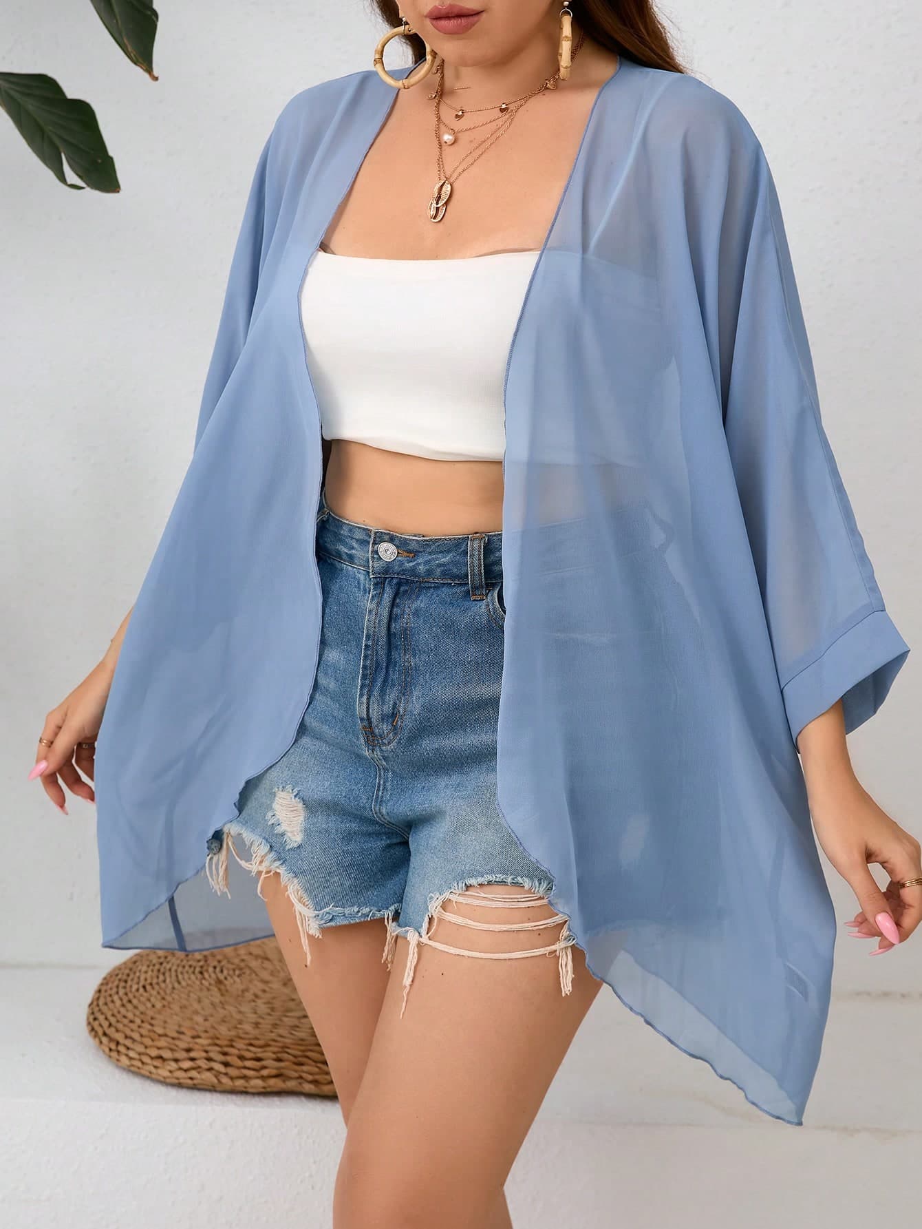 EMERY ROSE Plus Size Casual Solid Color Batwing Sleeve Jacket