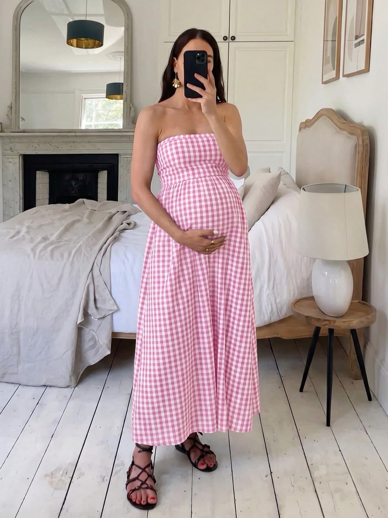 SHEIN Maternity Plaid Ruched Casual Vacation Dress