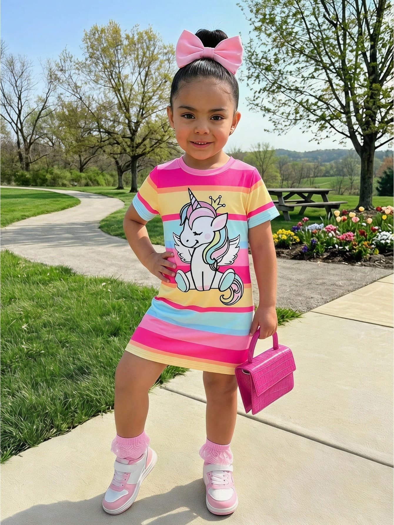 Young Girls Cute Vacation Fashion Unicorn Print Rainbow Striped Short Sleeve Round Neck T-Shirt & Mini Dress Set