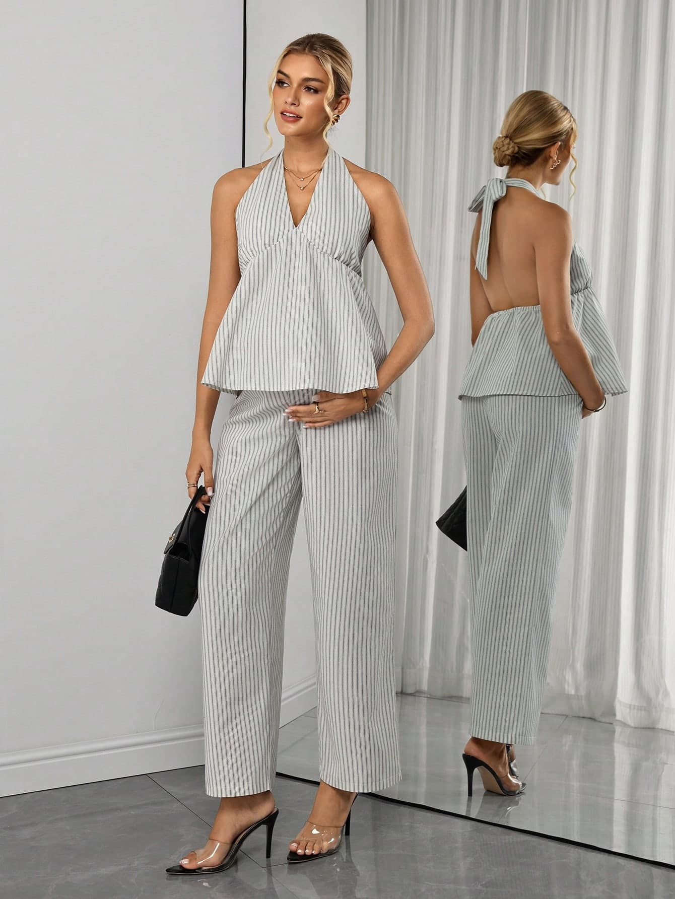 Momance 2pcs Maternity Set White Summer Elegant Halter Tie Back Bow Decor A-Line Shirred Top + Straight Striped Pants Brunch Business Casual Co Ords