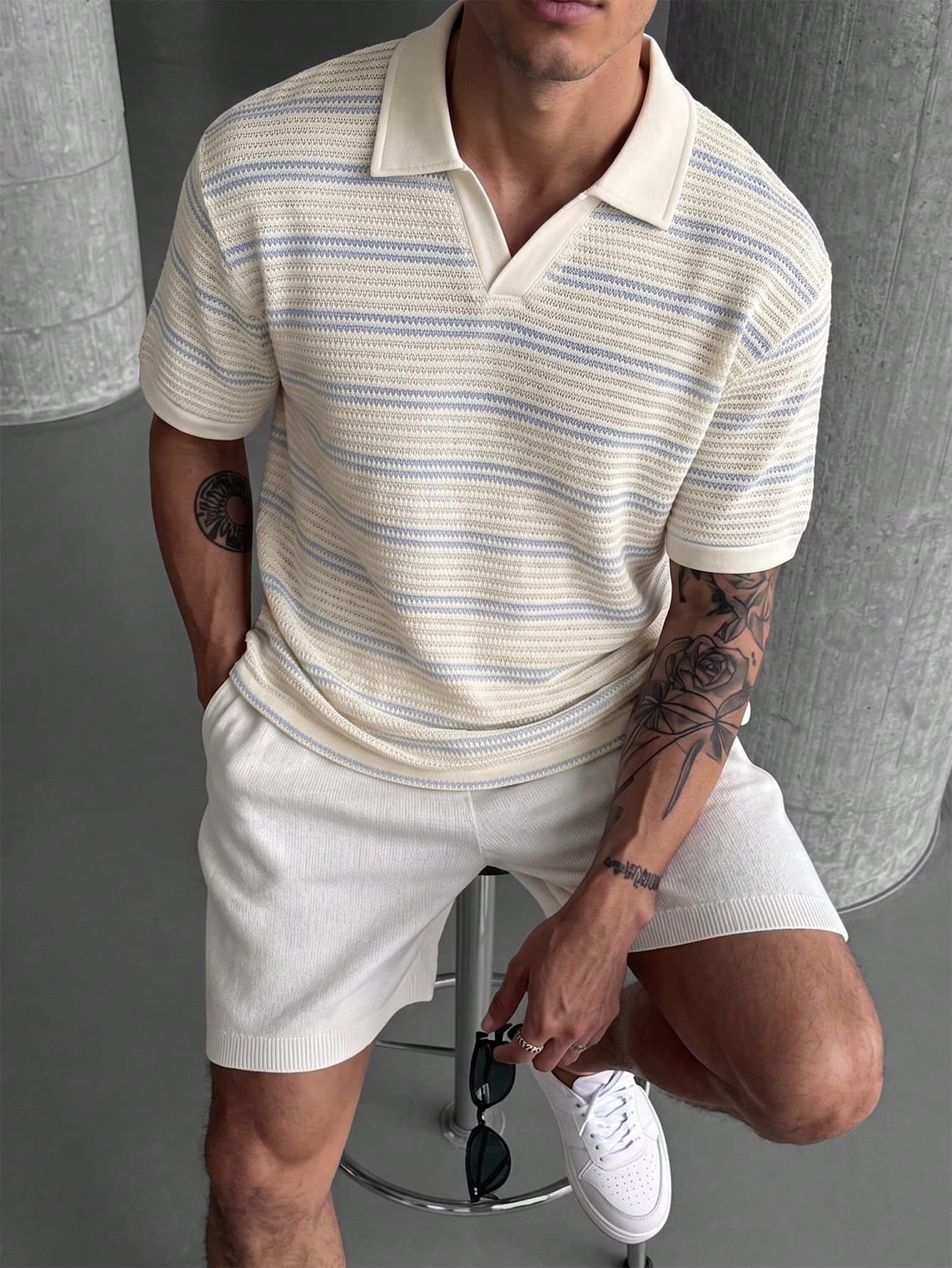 SLATEMANN Men's Blue And White Stripe Knitted Half-Zip Mesh Textured Short Sleeve Polo Shirt,Casual Summer Vacation Holiday Knit Crochet Shirt,Vintage Old Money