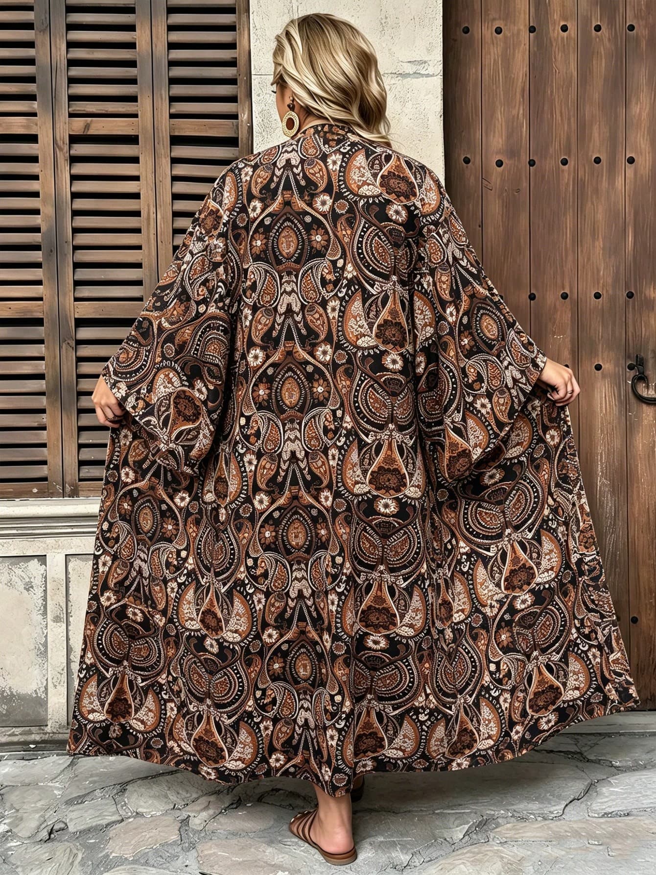 Ceyna Women Summer Plus Size Elegant Oversized Kimono Cardigan,Black Autumn Eclectic Mal Evening Holiday Bohemian Paisley Pattern Open Front Long Outerwear