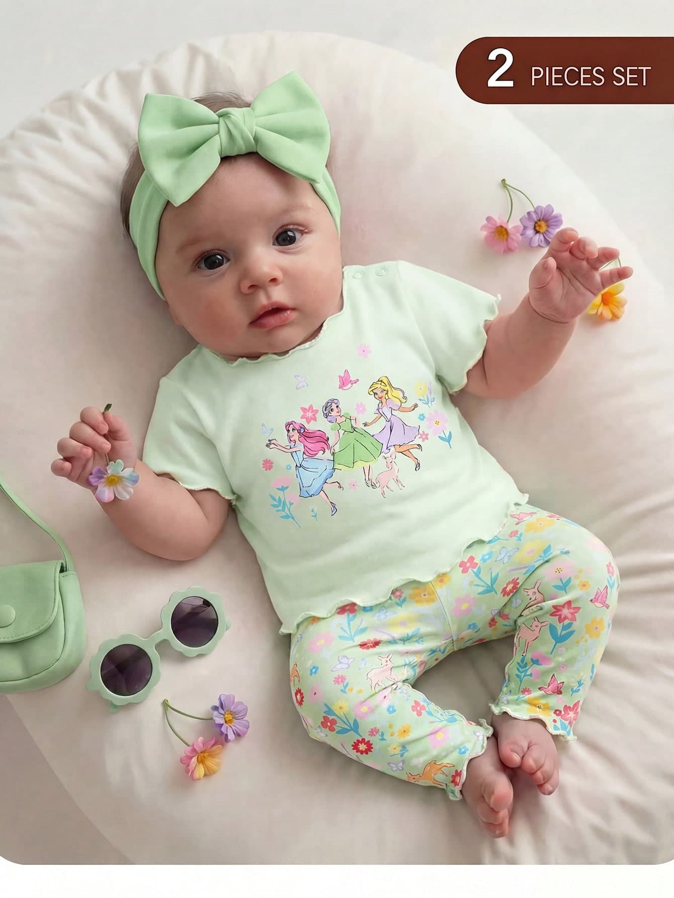 SHEIN Lime Green,Summer,Cute,Vacation,Baby Girl 2pcs Bohemian Floral Print Set,Soft Round Neck Short Sleeve T-Shirt&Cycling Shorts,Princess Holiday Outfits