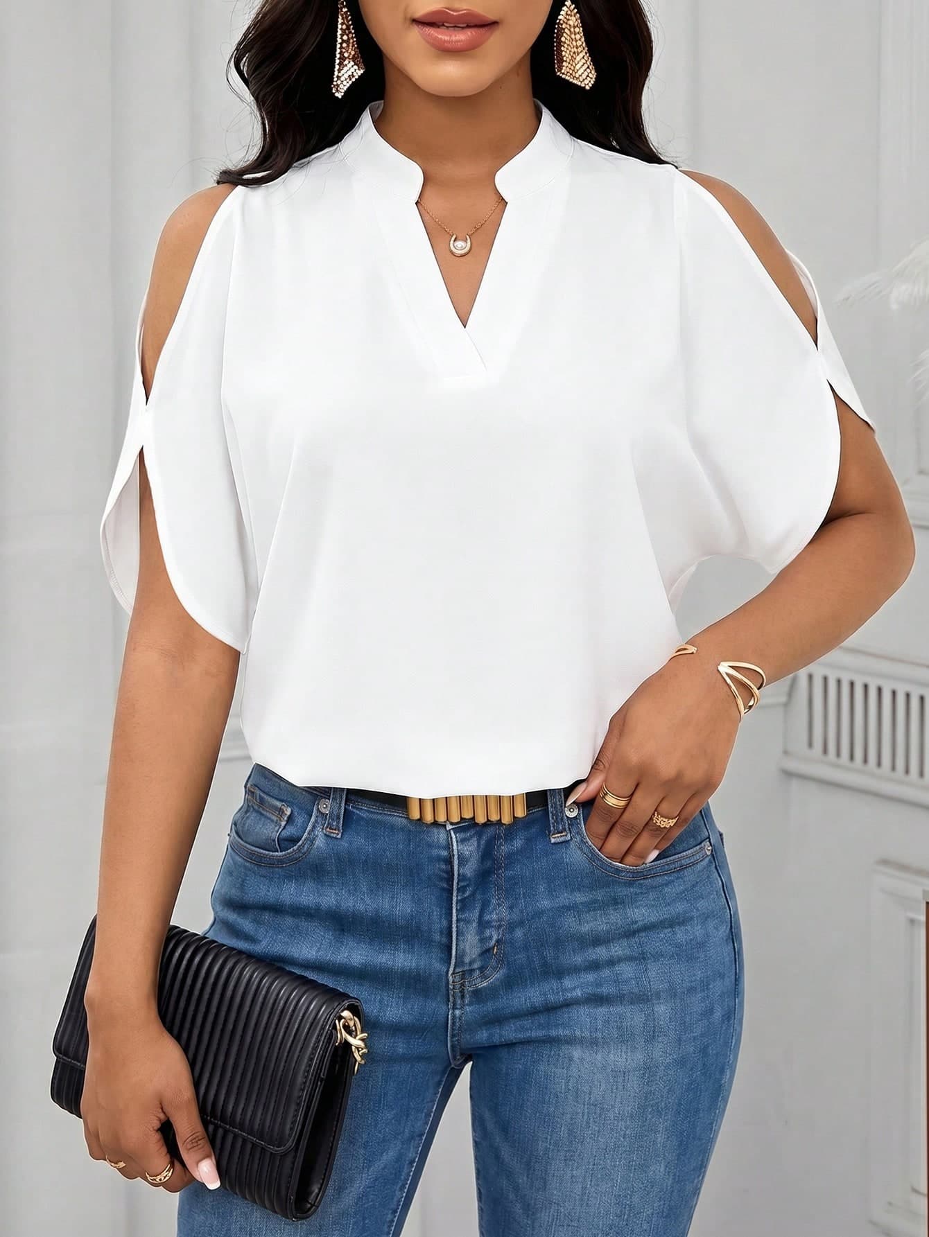 SHEIN Lady Elegant Dress Women  Solid Cold Shoulder Split Sleeve Blouse White Shirt