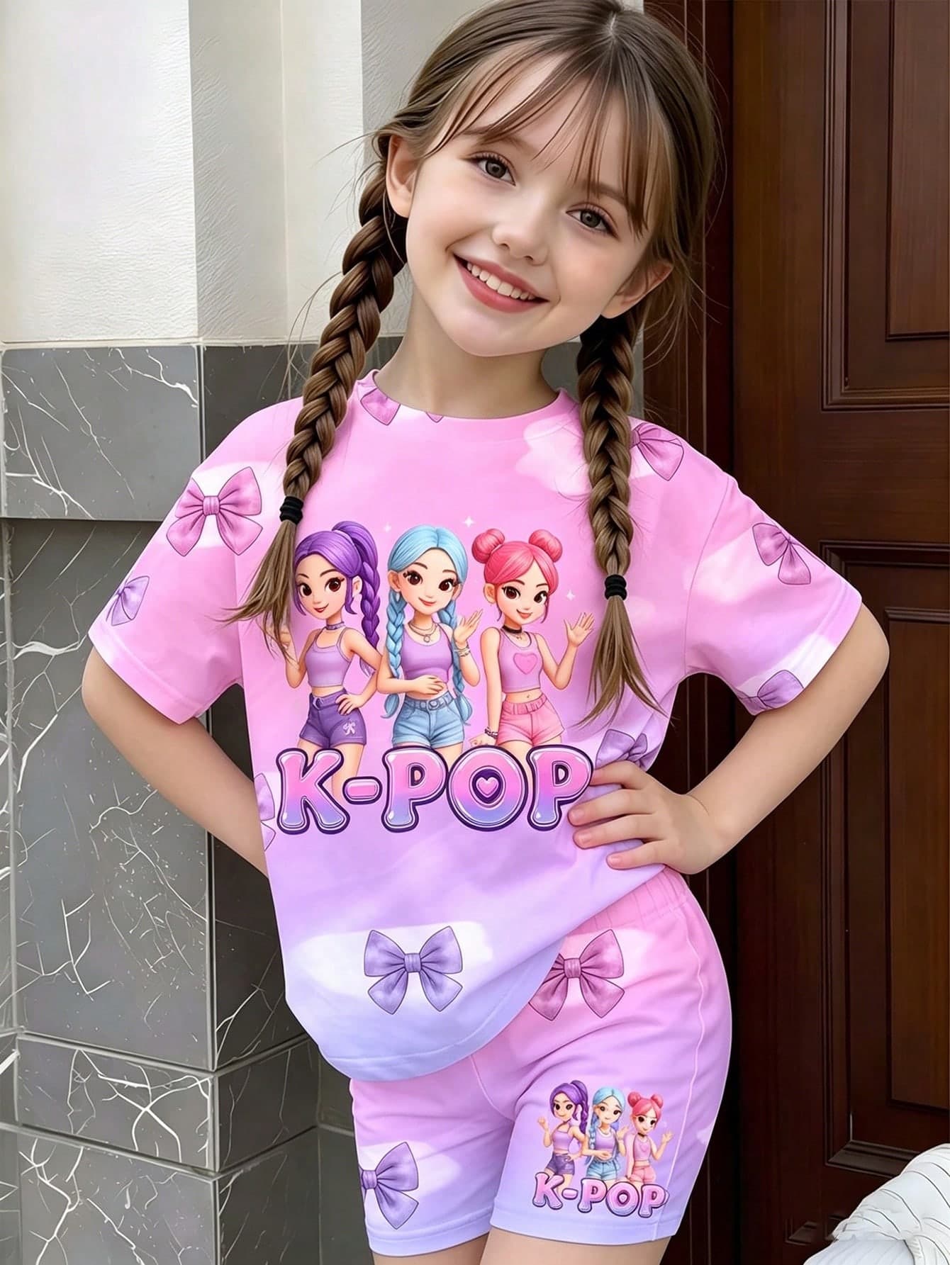2pcs/Set Girls Young T-Shirt Set Summer,Light Pink K-POP Cartoon Girl Group Ombre Pink-Purple Print Short Sleeve Shorts Set,Family Matching Bow Outfit