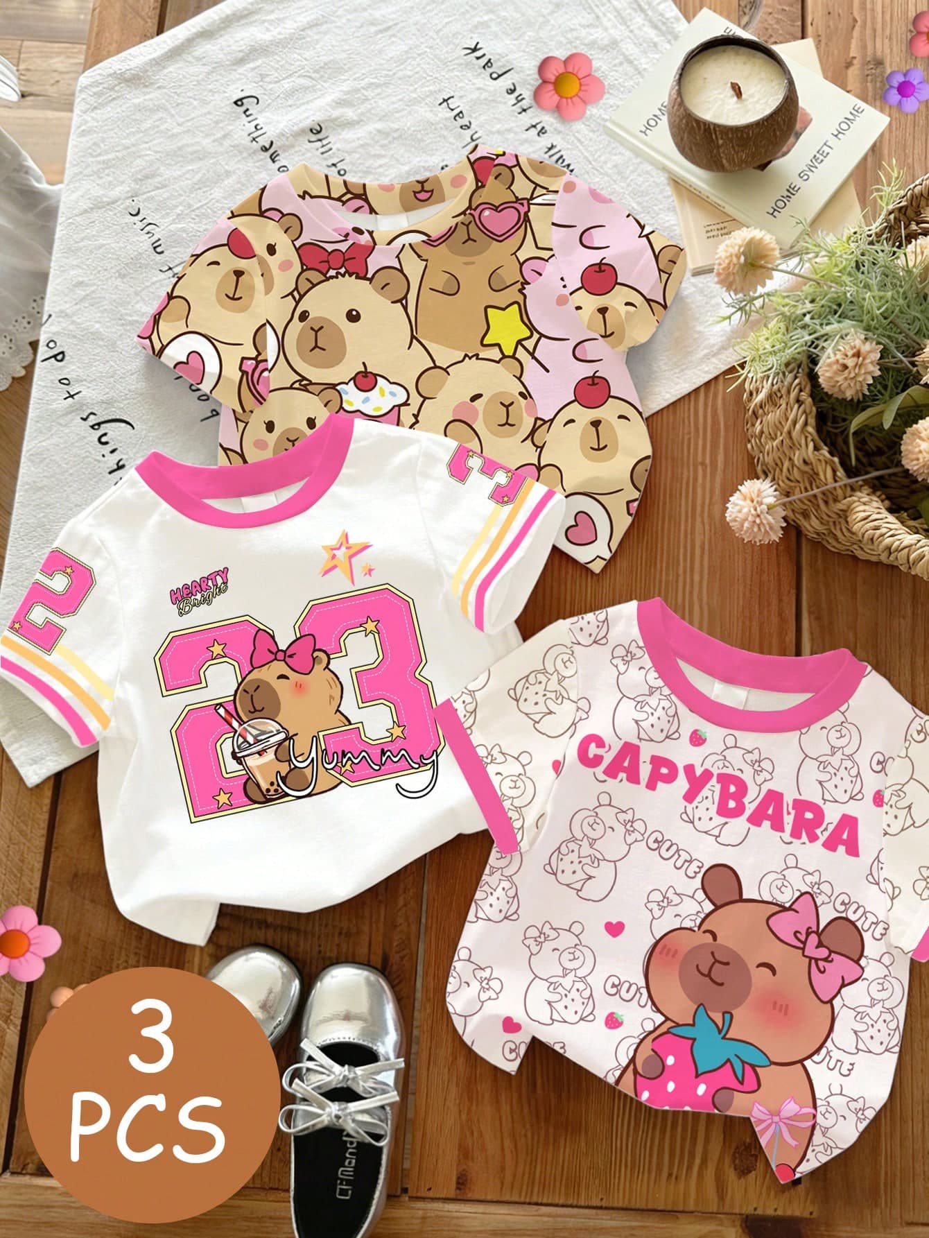 SHEIN 3pcs/Set Young Girl 4-7 Years Old Sweet Cartoon Capybara Print Short Sleeve T-Shirts,Pink Summer School Back-To-School Lightweight Cute 3-Piece Tee
