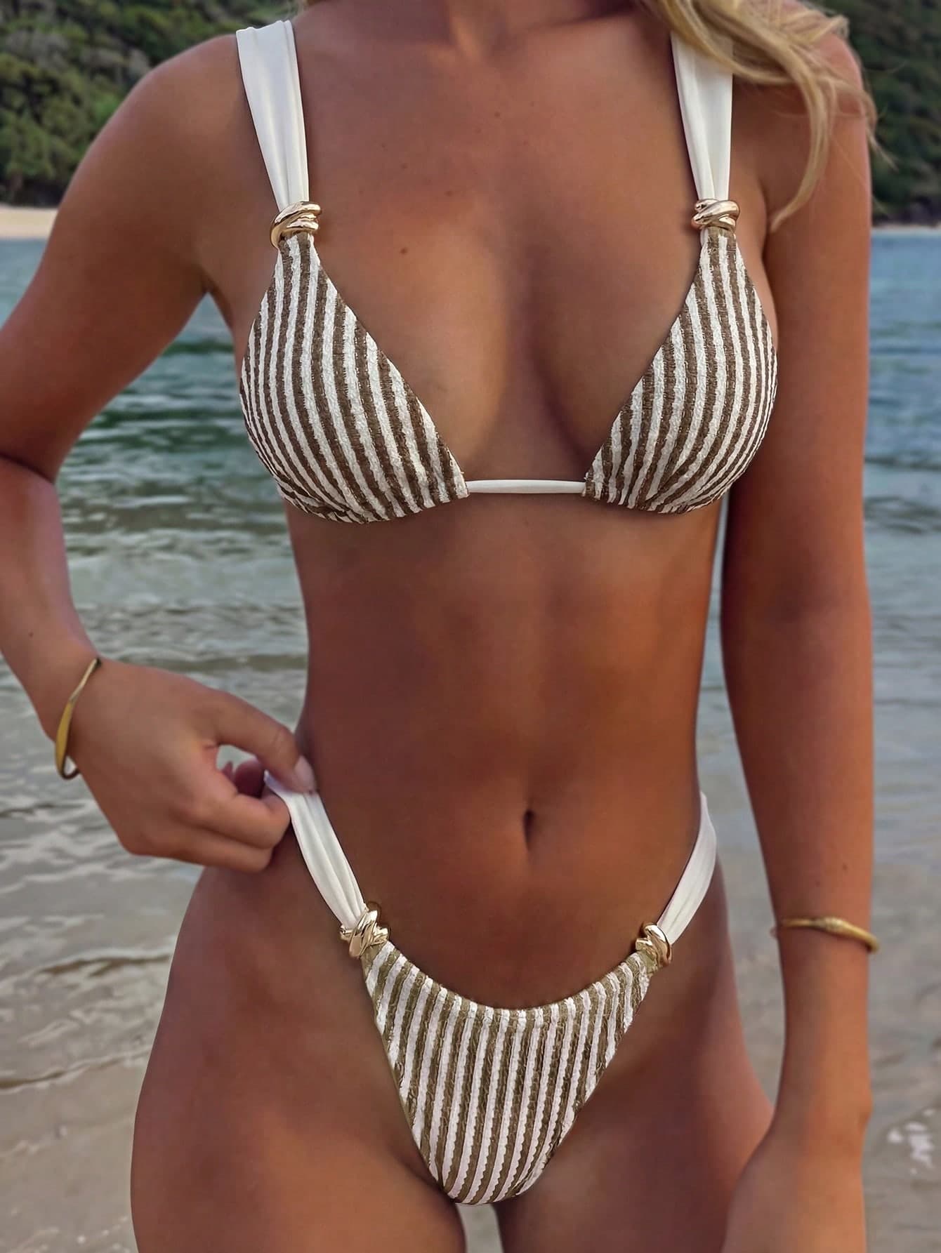 Swim Vcay Women's Spring/Summer Beach Striped Jacquard Fabric Color Block Metallic Accessories Wide Strap Thong Bikini Set - Cute Casual Style