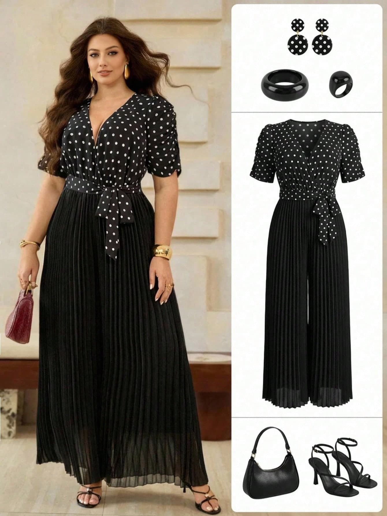 Roveilla Plus Size Women's Elegant Polka Dot V-Neck Jumpsuit, Black And White Summer Outfits, Ruched Cinched Waist Wide Leg Business Casual Formal Sets