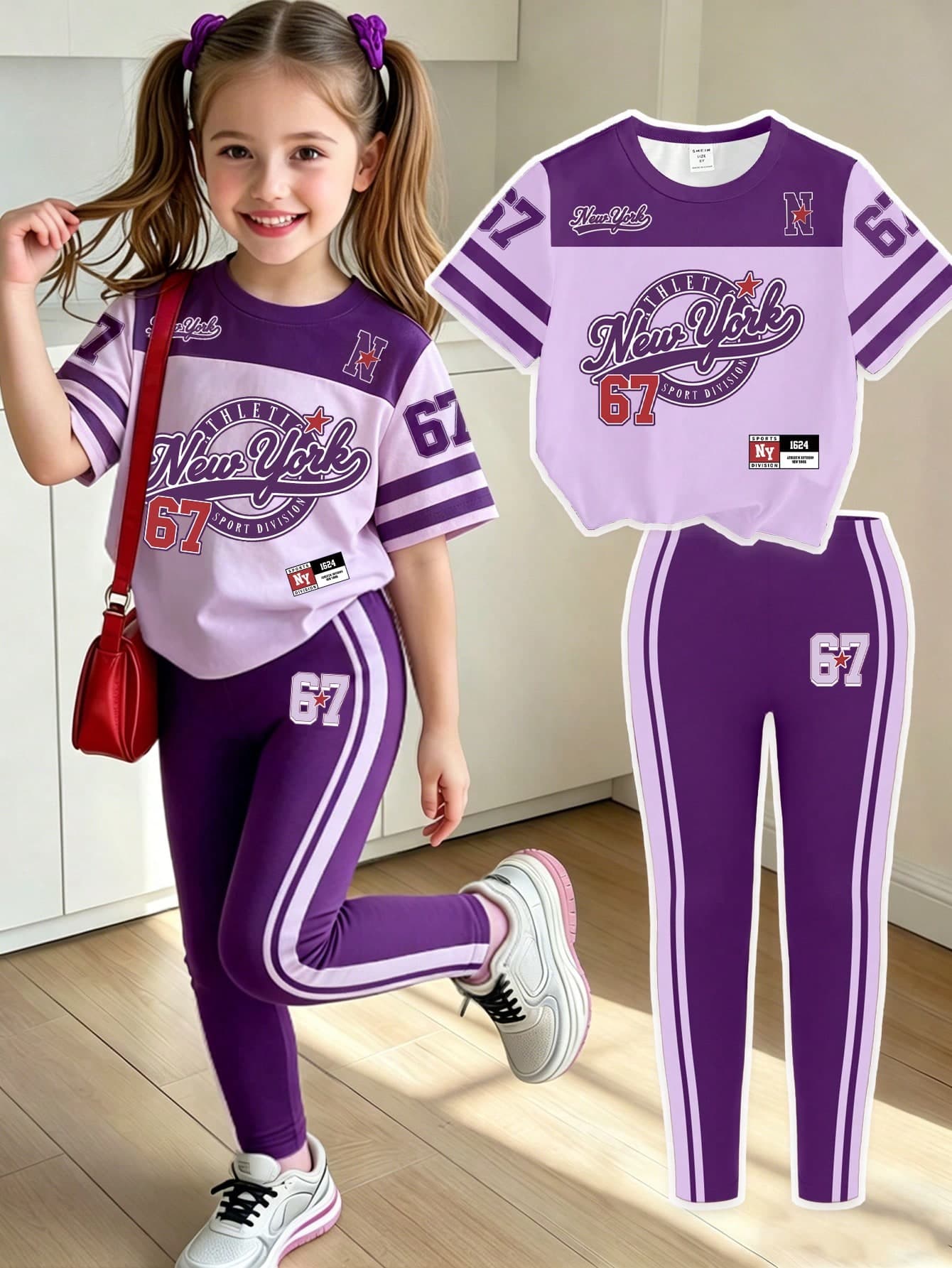 2pcs/Set Girls' Casual Streetwear New York Letter Slogan Graphic Print Short T-Shirt And Leggings,Purple Back-To-School Summer School Outfit