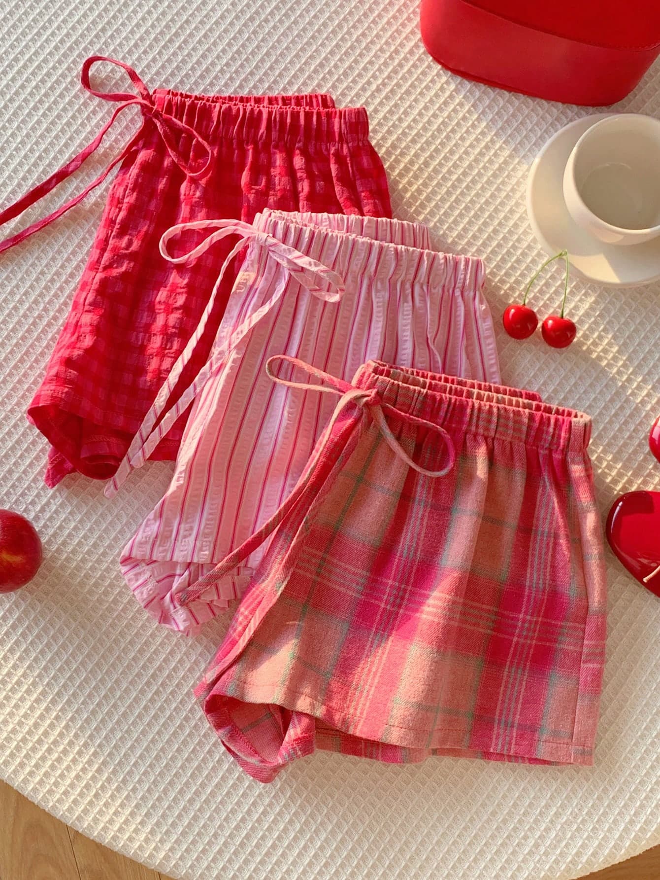 Comfortcana Women's 3pcs Summer Cute Pink Check Shorts Set, Drawstring Waist Plaid Casual , Versatile Beach Picnic Vacation Wear, Y2k Style