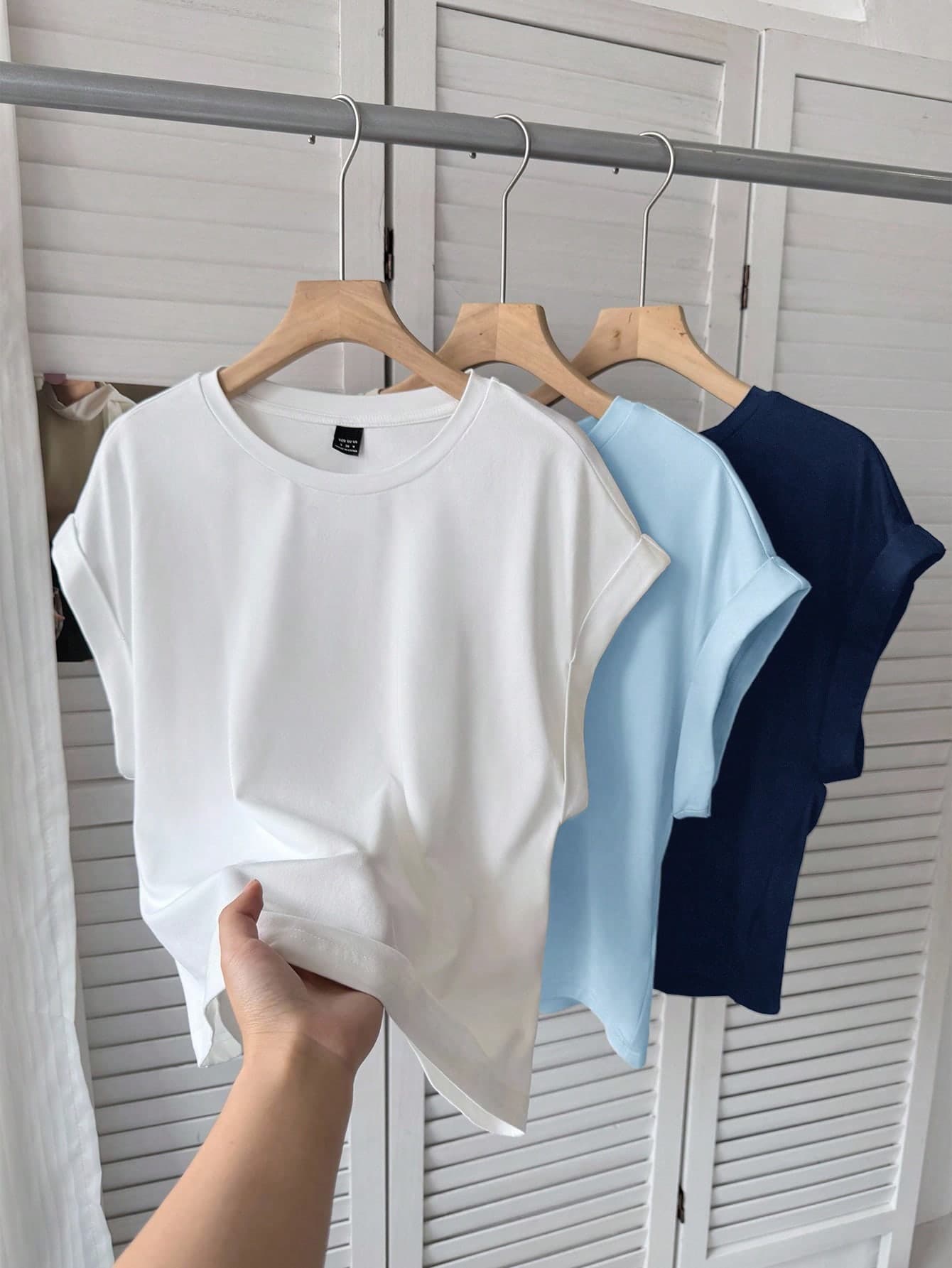 SHEIN LUNE 3pcs/Set Women's Casual Basics Short Sleeve T-Shirt,Navy Blue And White,Summer,Casual,Everyday Plain Crop Tops Festival Home Wear Streetwear T Shirts