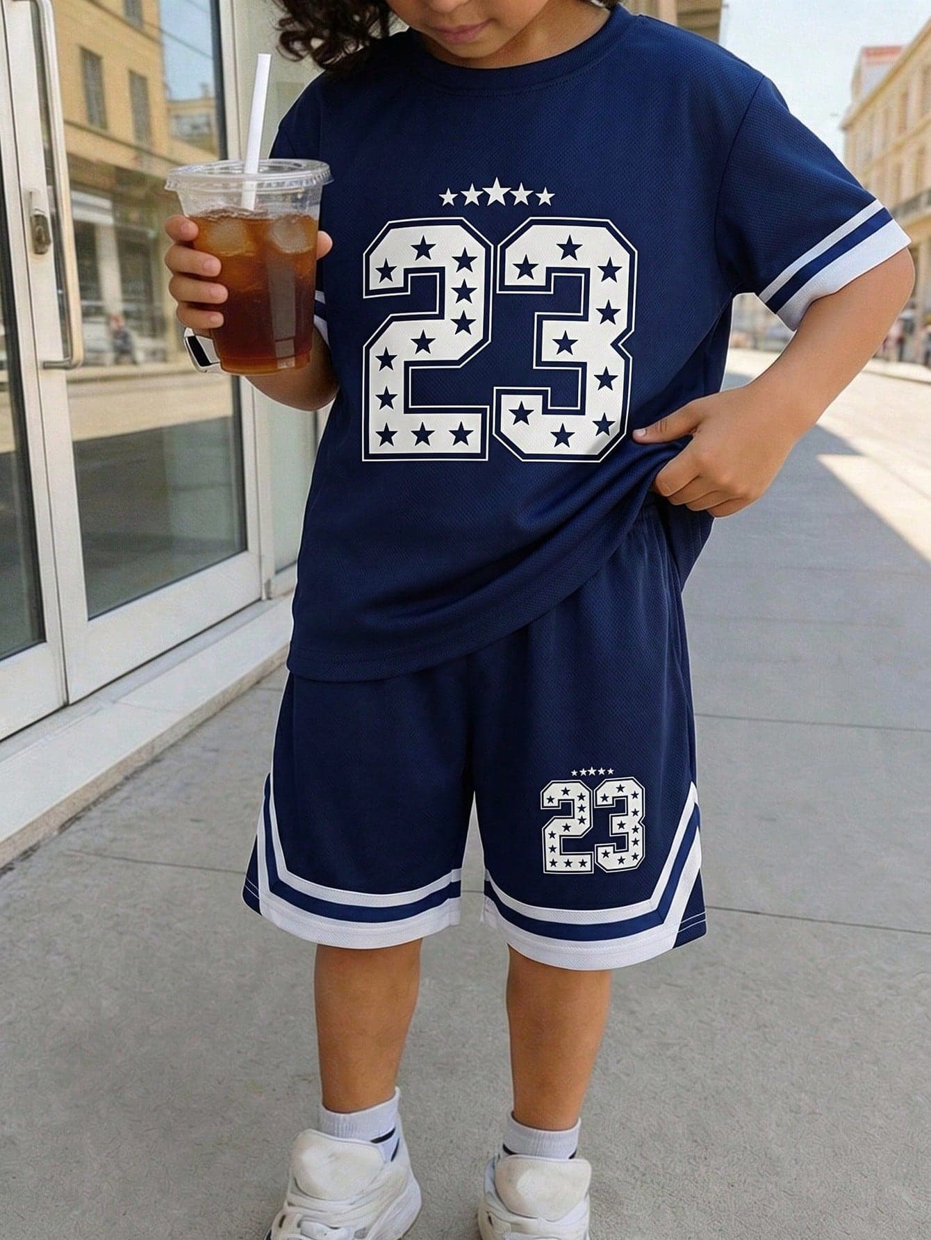 Coolqubz 2pcs Summer Short Sleeve & Shorts Set,Navy Streetwear Knitted Mesh Fabric Numeric Striped Print,Casual Sports School Style Outdoor Youth Outfit