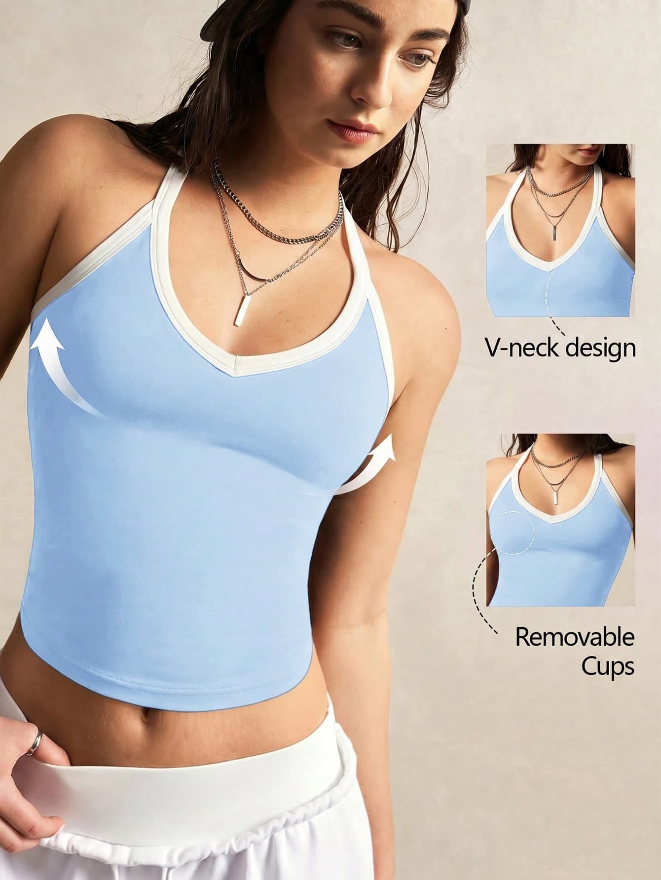 VARSIVA Contrast Color Trim Backless Sleeveless Fitted Casual Fitness Sports Tank Top For Summer