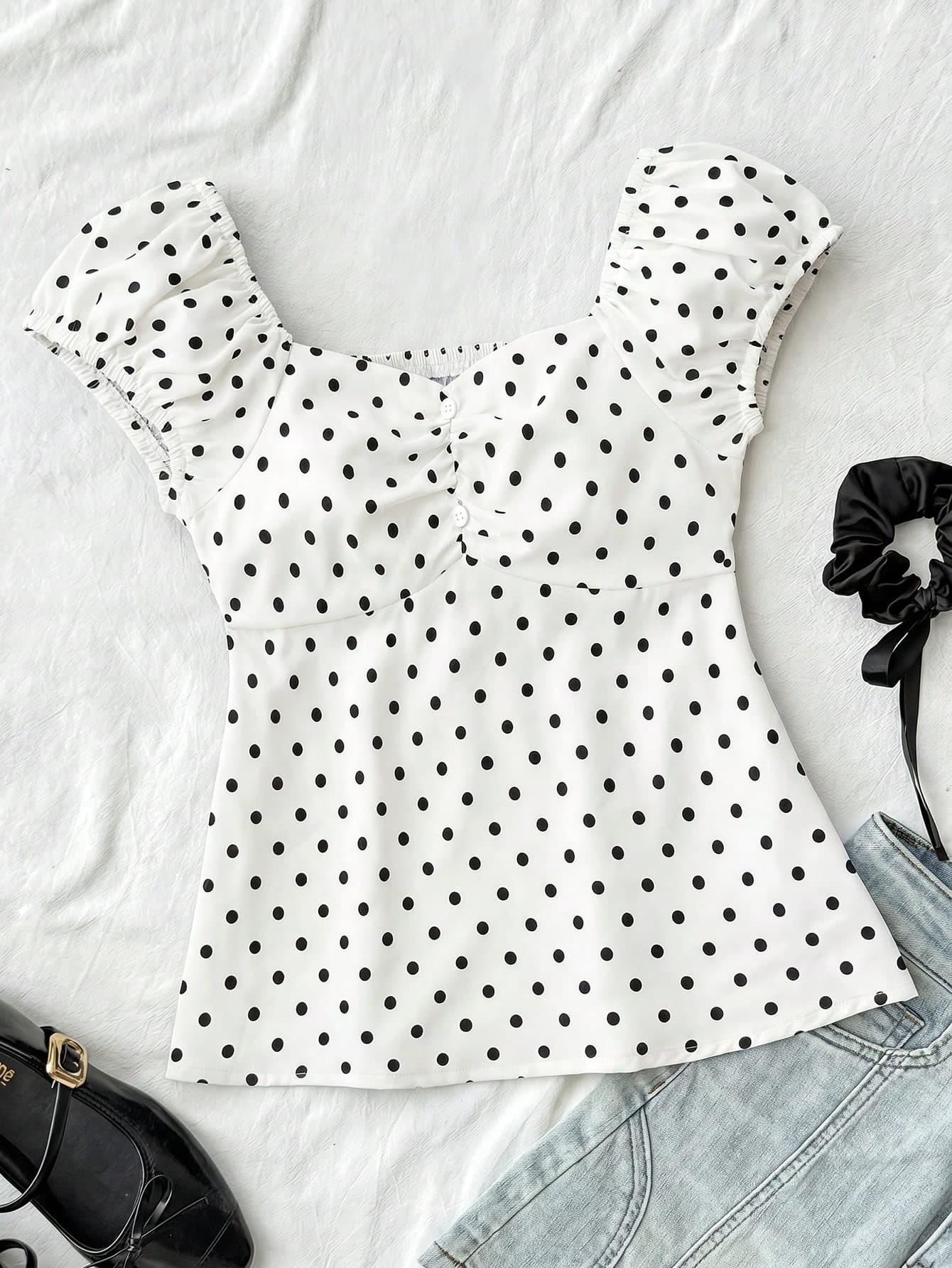 SHEIN Tween Girls' Casual Minimalist Comfortable Polka Dot Back Strap Blouse