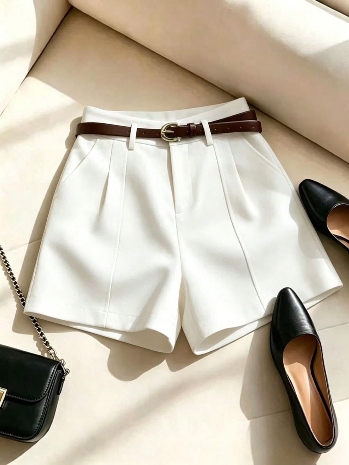 Franclia French Minimalist Fashion Woven Solid Color Commuter Casual, Retro, High Waist A-Line Wide Leg New Women Shorts