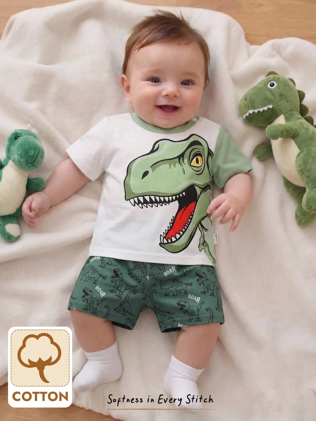 Cozy Pixies Newborn Baby Boy 2pcs/Set Cartoon Dinosaur Graphic Soft Knit Casual Round Neck Short Sleeve Top And Elastic Waist Shorts,Summer Comfortable