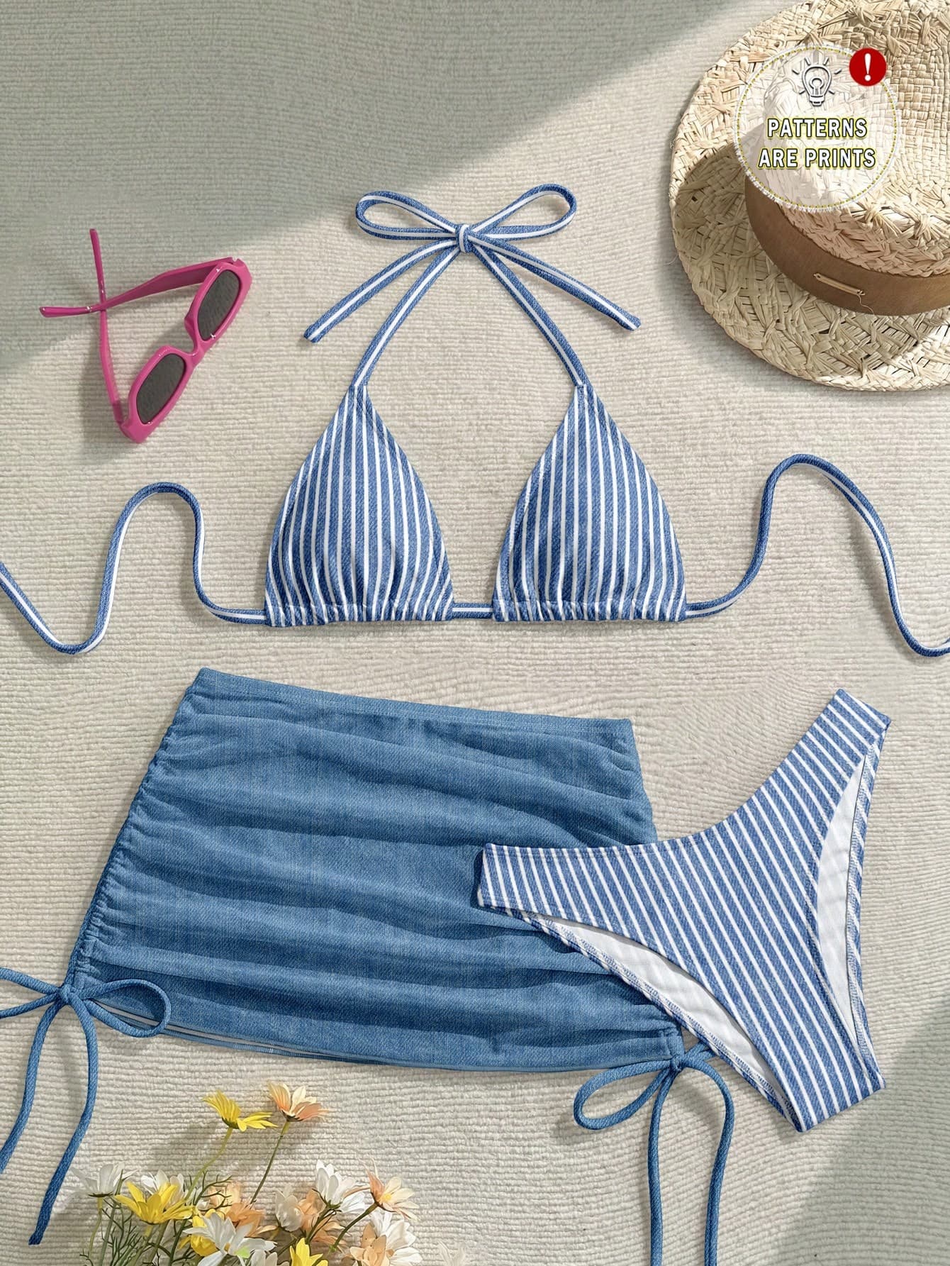 Soleia Casual Minimalist Style Blue Striped Navy Swimwear Set, Suitable For Spring/Summer Beach