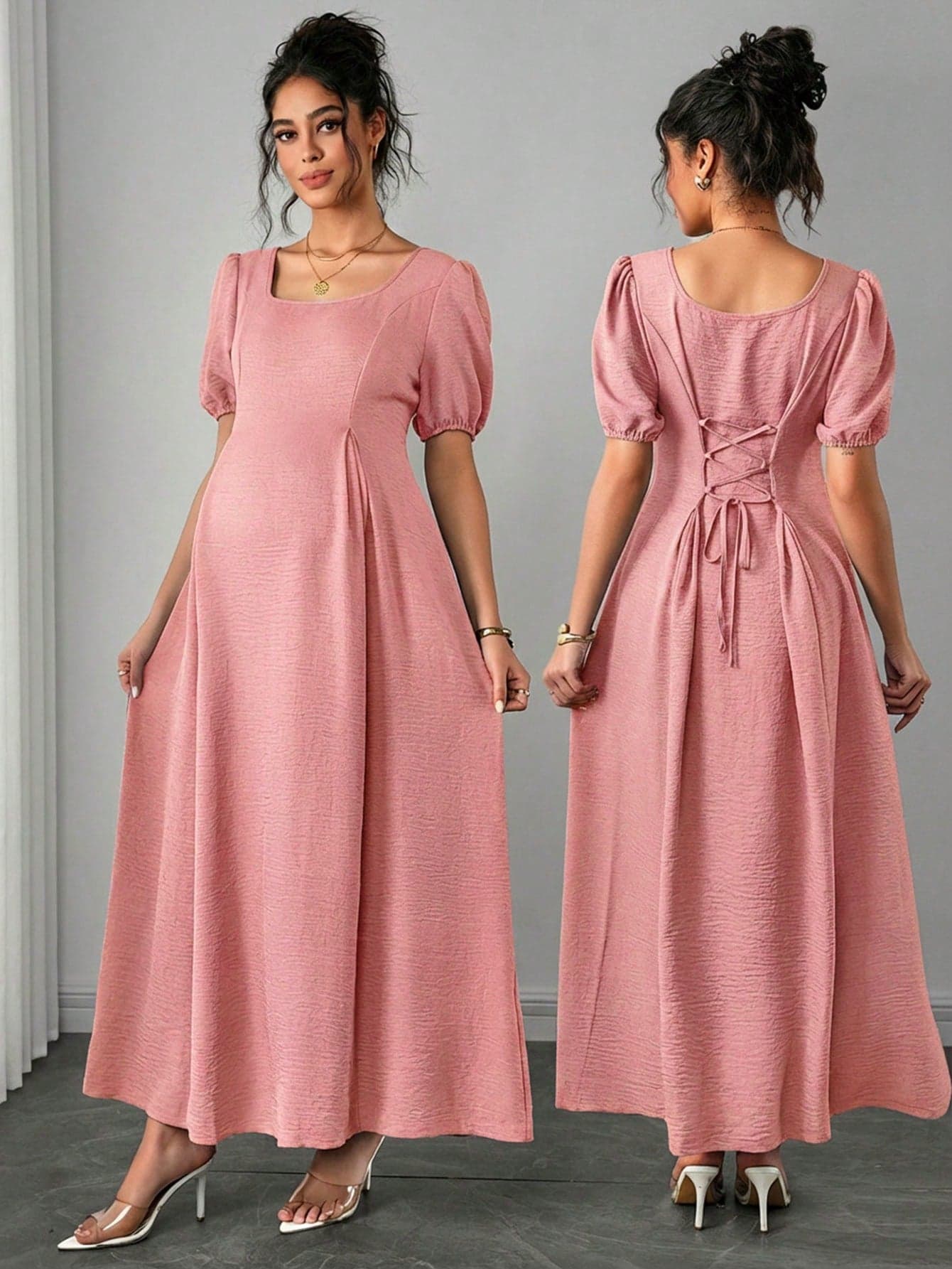 SHEIN Pink Elegant Summer Maternity Dress,Asymmetric Shoulder Ruched Waist A-Line Baby Shower Outfit,Comfortable Vacation Clothes For Women