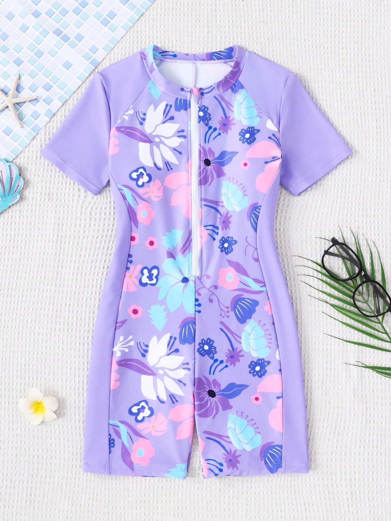SHEIN Tween Girls Purple Tropical Floral Print Zipper One-Piece Swimsuit, Beach Party Holiday Summer Cute For Kids Cute Cute