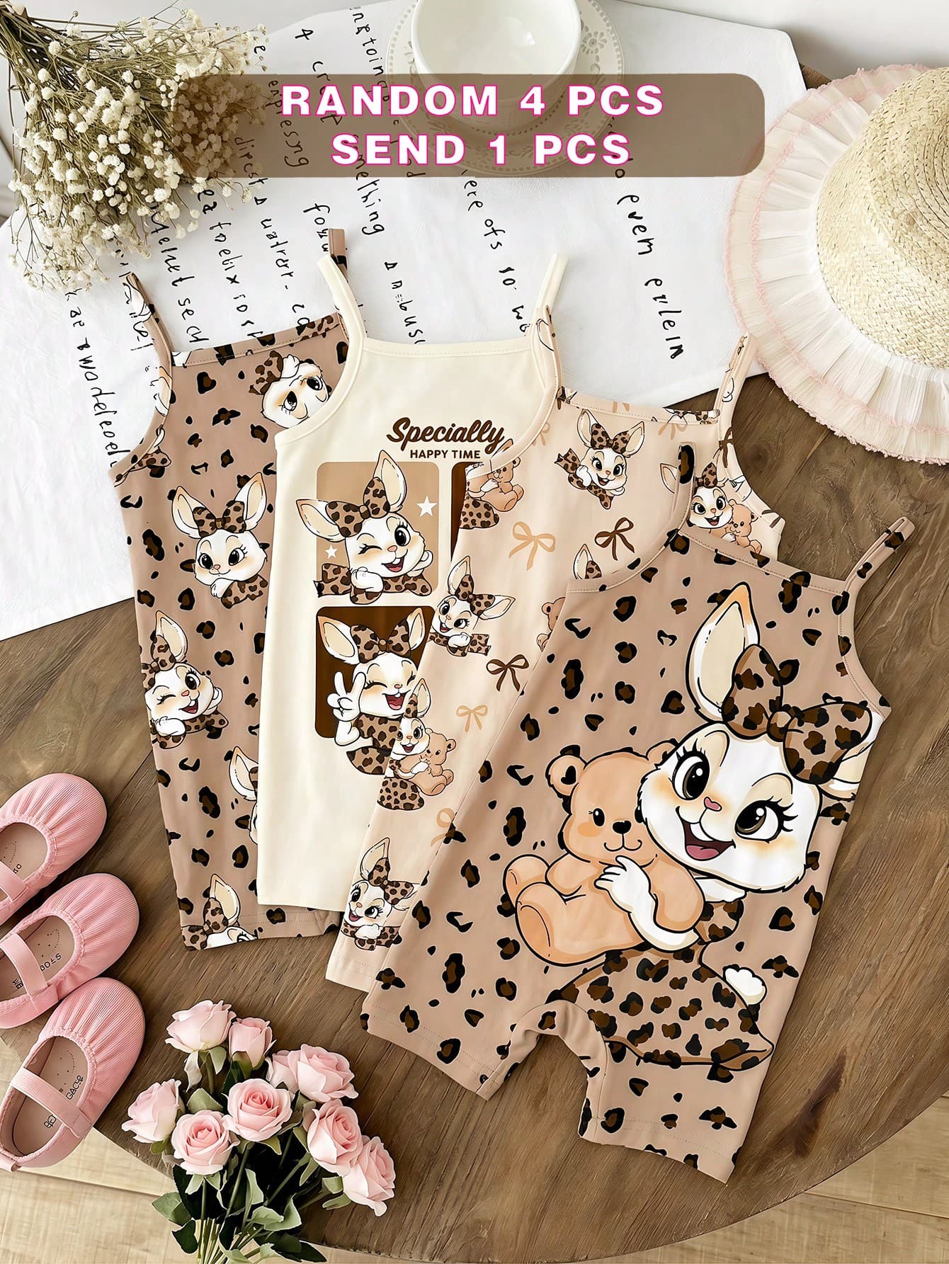 [RANDOM 4 PCS SEND 1 Pc]Baby Girls Beige Summer Casual Cute Family Matching Khaki Mallard Brown Leopard Bow Cartoon Rabbit Suspender Romper Outfits