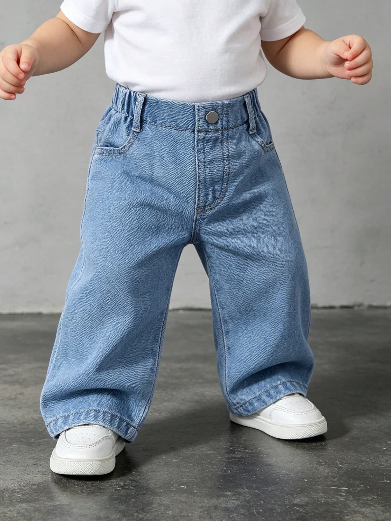 SHEIN Playful Pals Infant/Baby BoyCasual Jeans, Soft Denim Fabric, Elastic Waist, Straight Leg, Versatile For Daily Wear, All Season