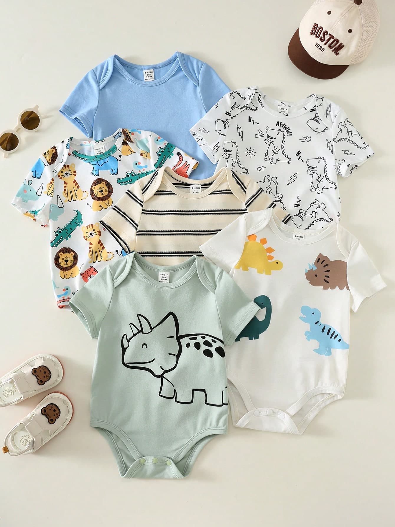 6pcs/Set Newborn Baby Boy Cute Casual Cartoon Print Short Sleeve Romper, Multi-Color
