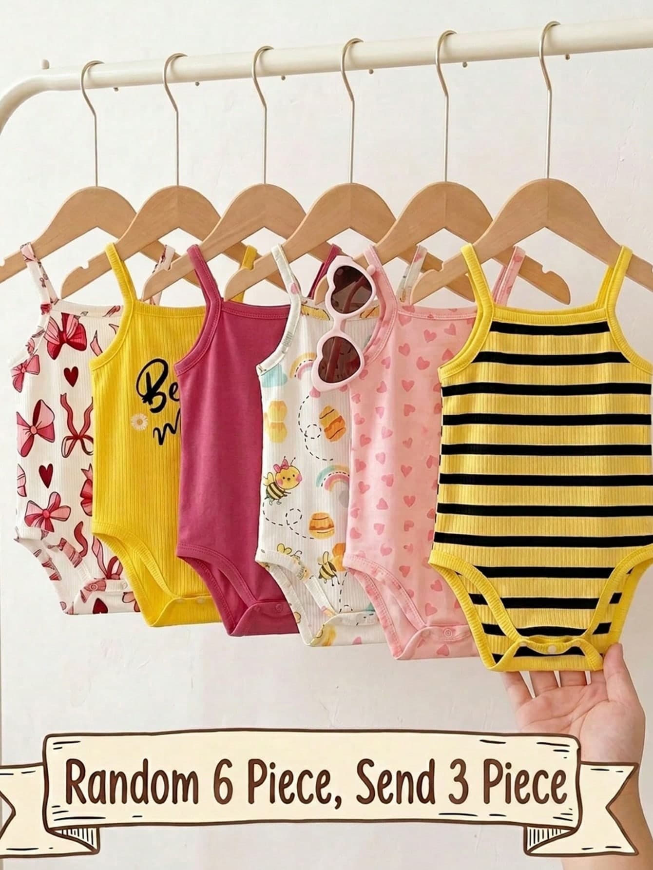 3pcs Baby Girl Summer Sleeveless Bodysuit Set,Cute Cartoon Bee & Floral Print Soft Yellow Romper,Random 6 Piece, Send 3 Piece