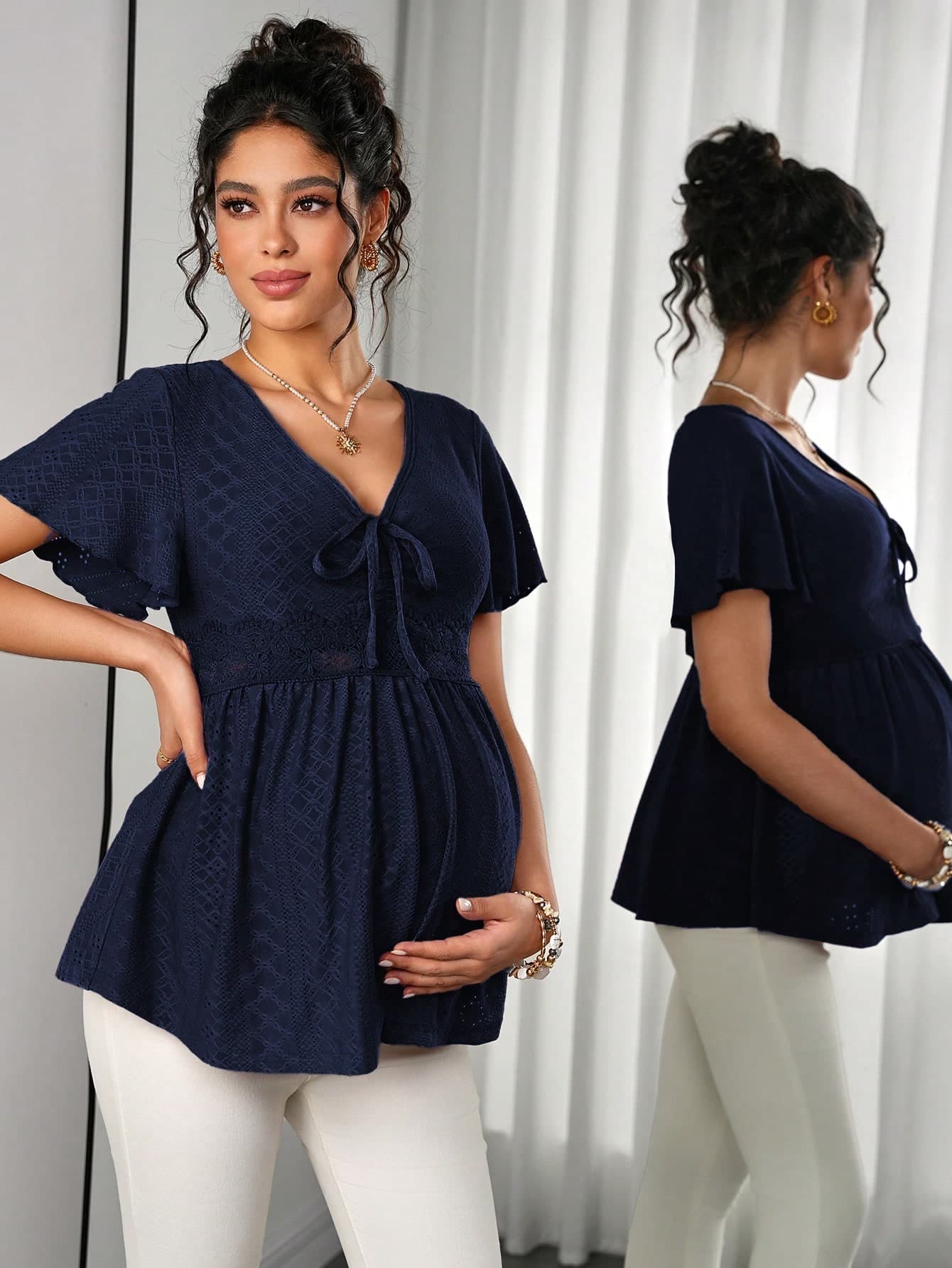 Momance Navy Blue Summer Elegant Baby Shower Maternity Tops,Hollow Embroidered Ruched Chest Decor Maternity T-Shirt Blouses For Women Pregnant Clothes