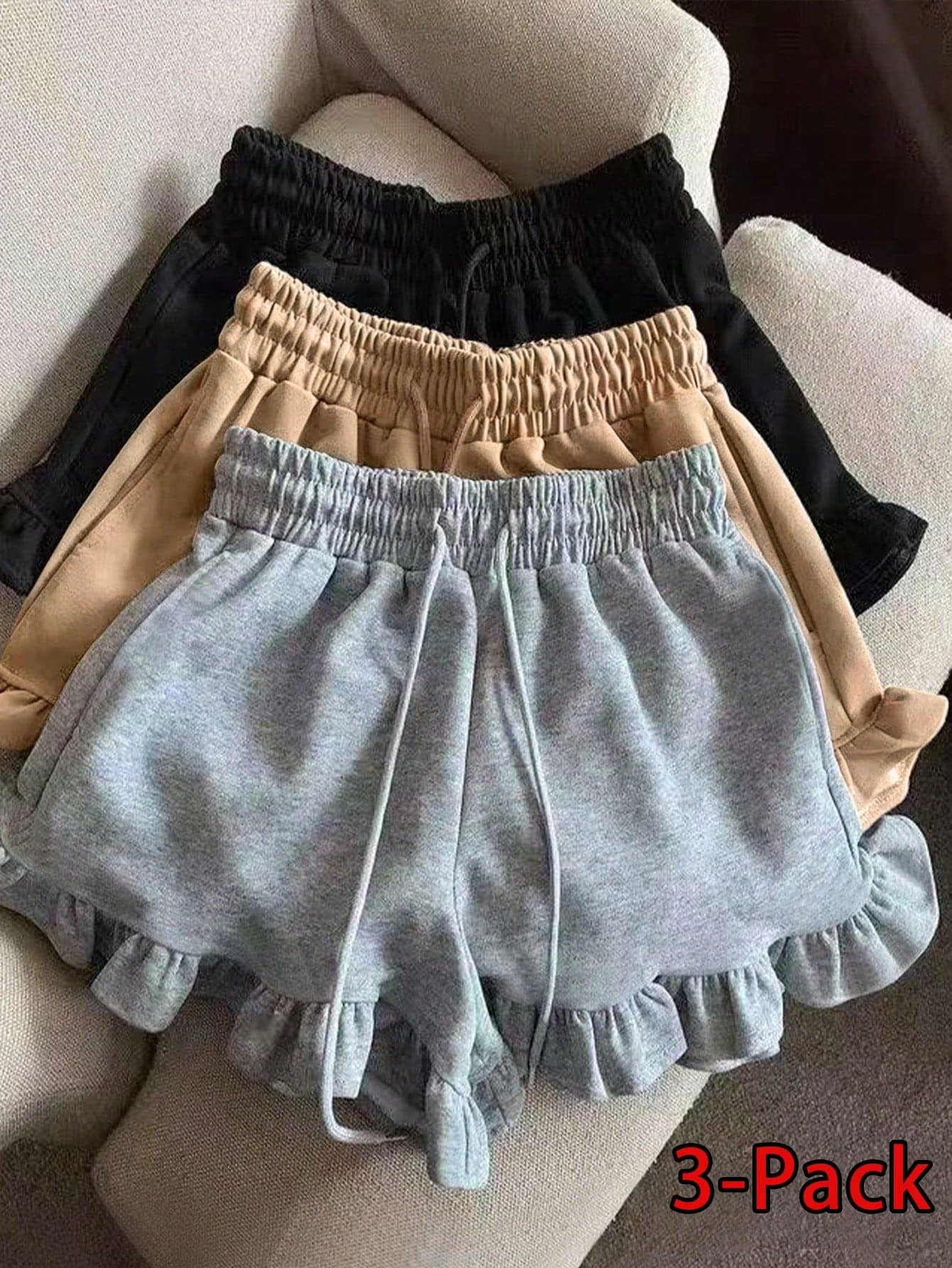 Resyla Women's Casual Solid Color Ruffle Hem Drawstring Shorts, Summer