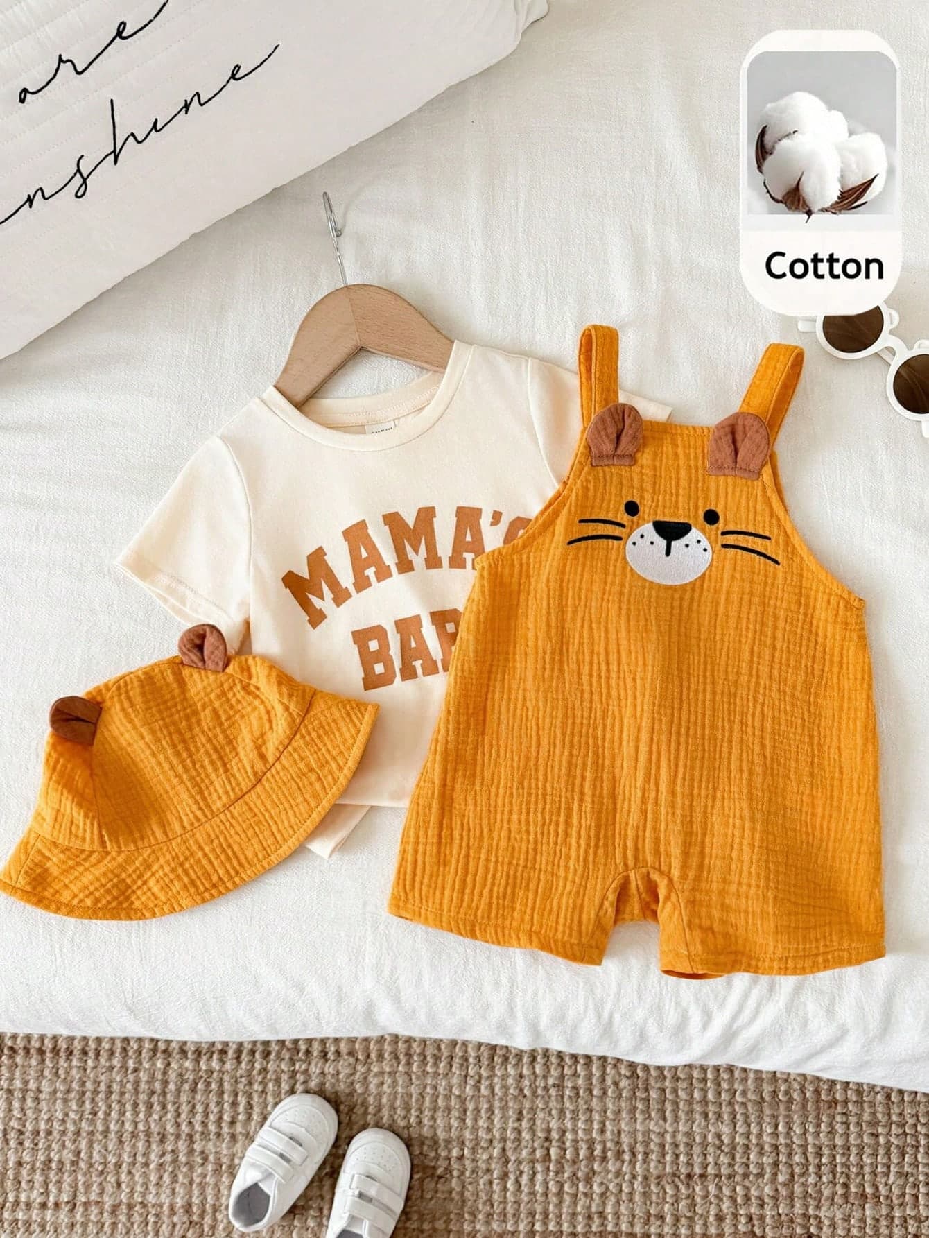 SHEIN Unisex Newborn Baby 2pcs 100% Cotton Cute Lion Design Seersucker Overalls Shorts And Hat Set, Baby Rompers, Baby Summer Outfit, Baby Summer Clothes