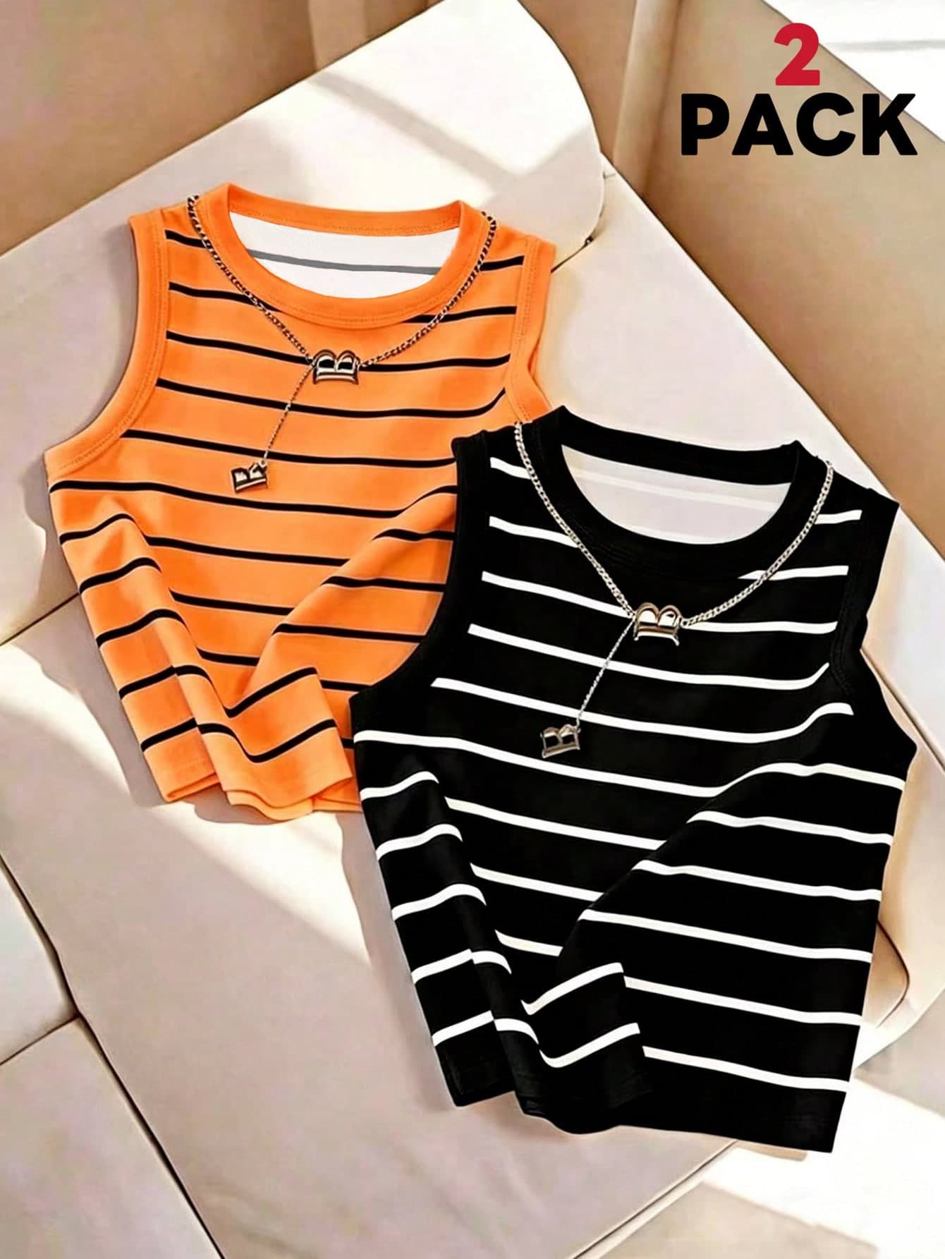 Resyla 2pcs Women Casual Versatile Striped Tank Top Set