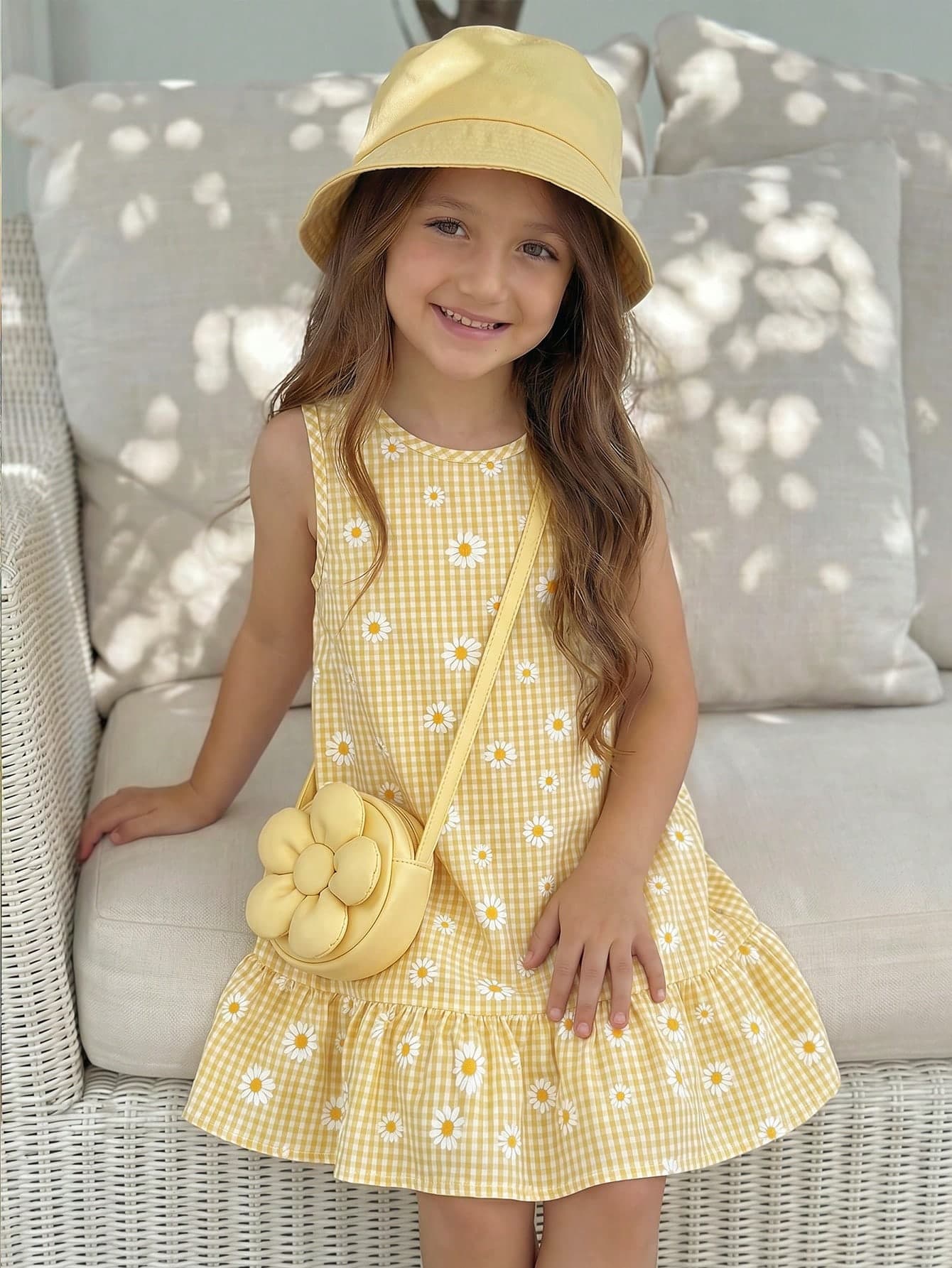 Emery Rose Kids Emery Rose Kids Young Girl Young Girl Dresses Vacation Casual Fashion Yellow & White Plaid Daisy Pattern Sleeveless Dress
