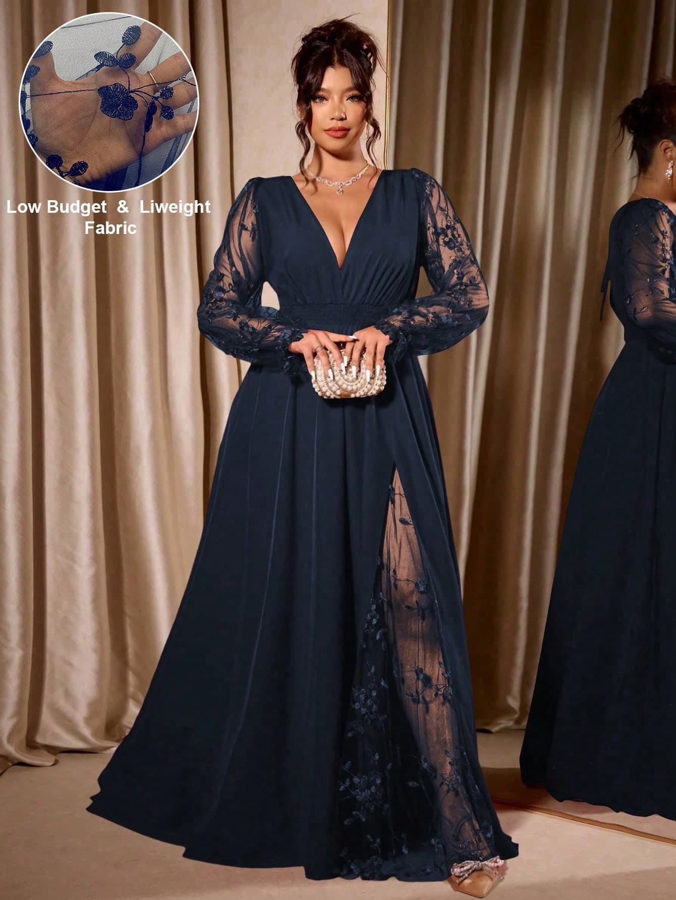 Cravure Plus Size Women's Elegant Navy Blue Deep V-Neck Lace Patchwork Long Sleeve High Slit Maxi Dress,Autumn Wedding Bridesmaids Party Graduation Ball Gown