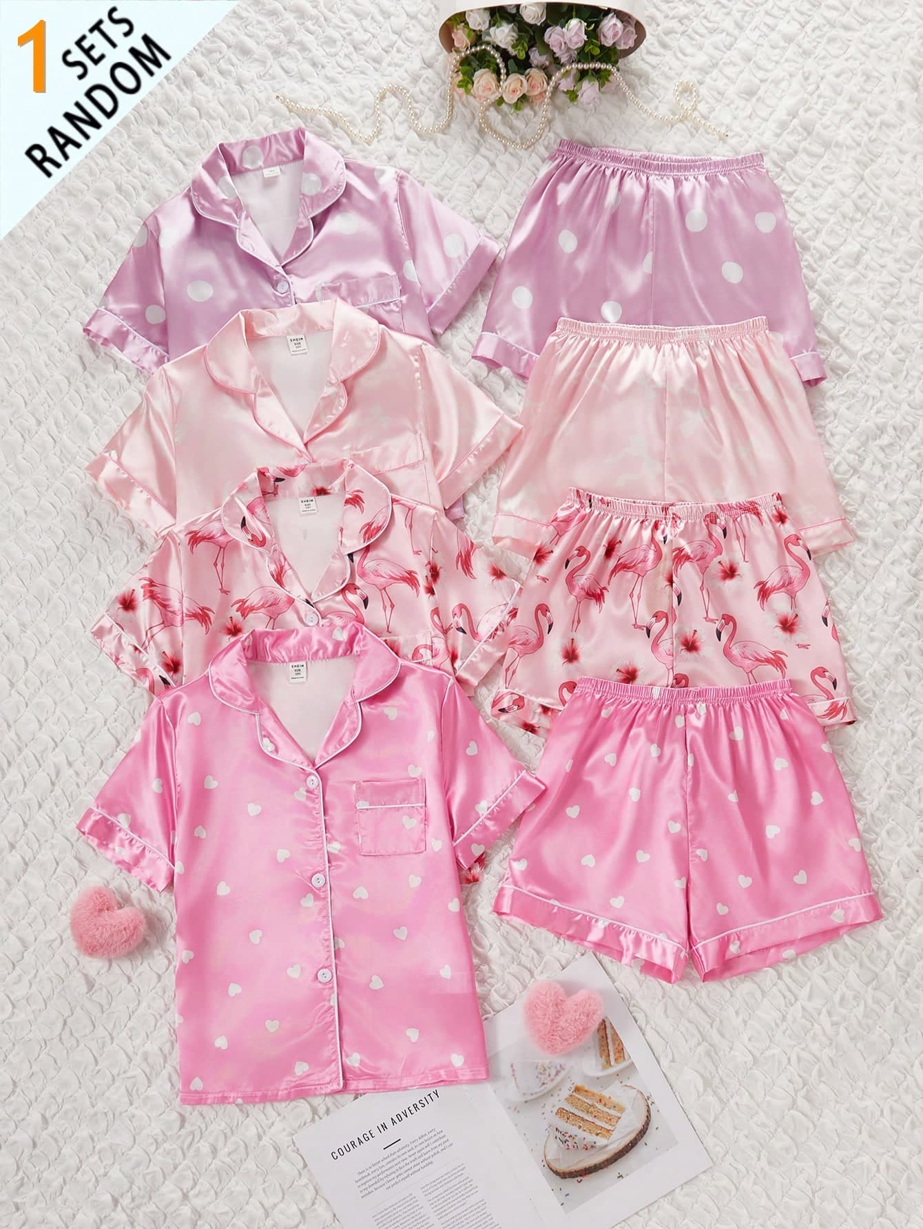 2-Piece Big Girls Cute Summer Sleep Pajamas,Pink And White Polka Dot Flamingo Heart Print Smooth Satin Lapel Short Sleeve Top And Matching Shorts