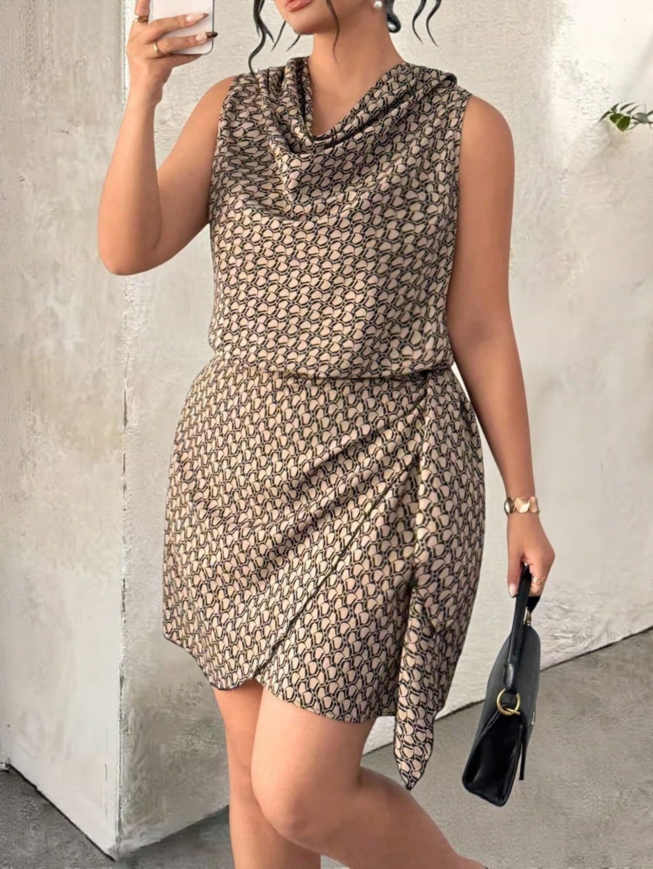 SHEIN Elenzya Plus Size Women's Woven Printed Ruffle Collar Asymmetrical Tie Strap Elegant Summer Sleeveless Dress