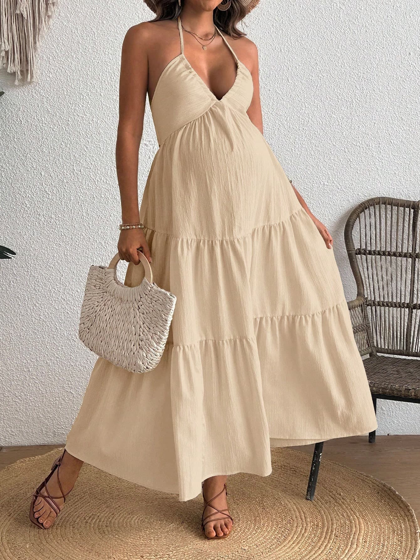 Cheriluna Maternity Pregnant Women's Boho Backless Tie-Front Tiered Hem Dress,Maternity Summer Holiday Beachwear Outfits,Solid Color Beach Vacation Style Clothes