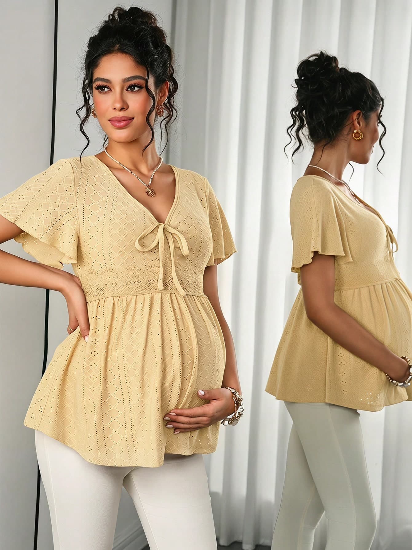 Momance White Elegant Maternity T-Shirt For Pregnant Women,Hollow Embroidered Ruched Chest Baby Shower Summer Clothes Cute Casual Tops Photoshoot