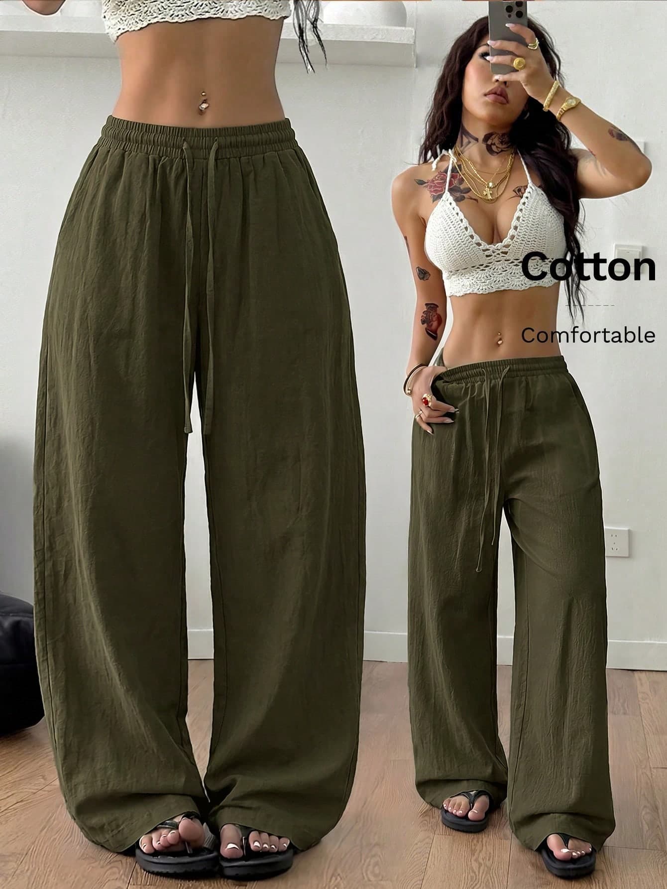 Coolane Women's Summer Streetwear Casual Country Concert Going Out Beach Outfits Boho Basic Minimalist Washed 100%Cotton Olive Green Pants Curved Hem Pants