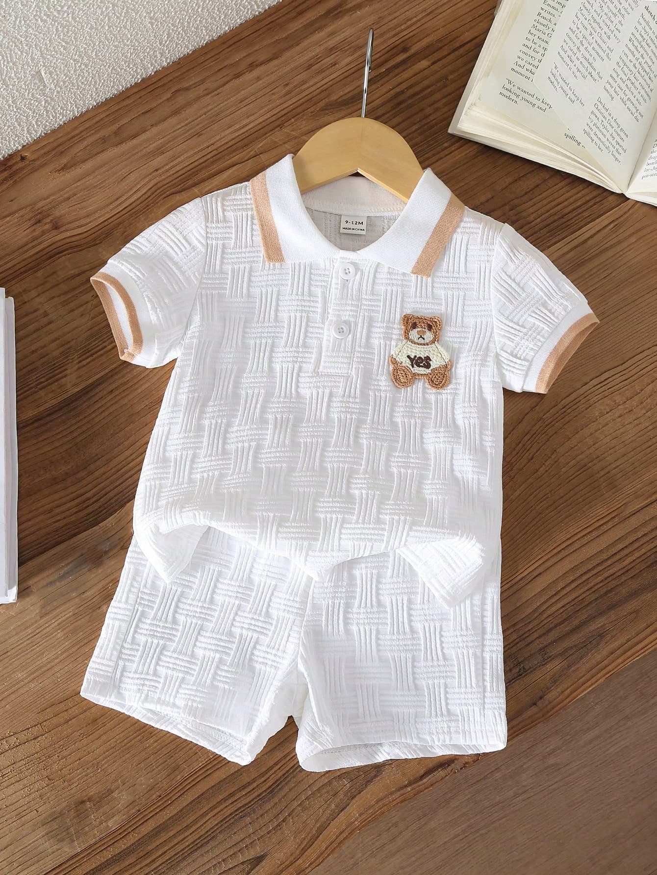 Souflis Souflis Babyboy White Summer Casual Jacquard Polo-Neck Short-Sleeved And Shorts Set Cute College-Style