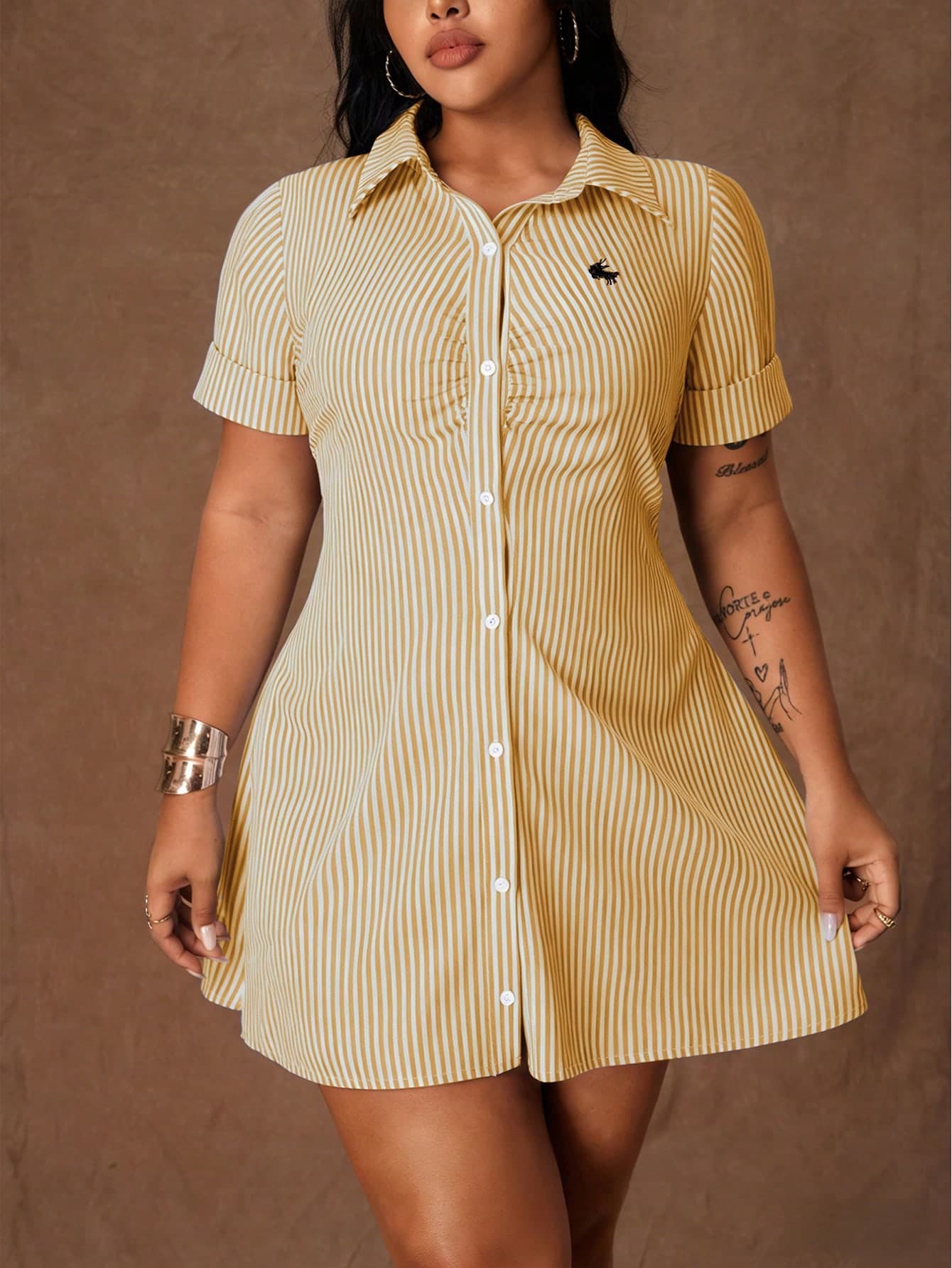 Rustia Plus Size Women Summer Casual Back-To-School Daily Commute Striped Print Ruched Bust Shirt Dress Formal Teacher Light Yellow
