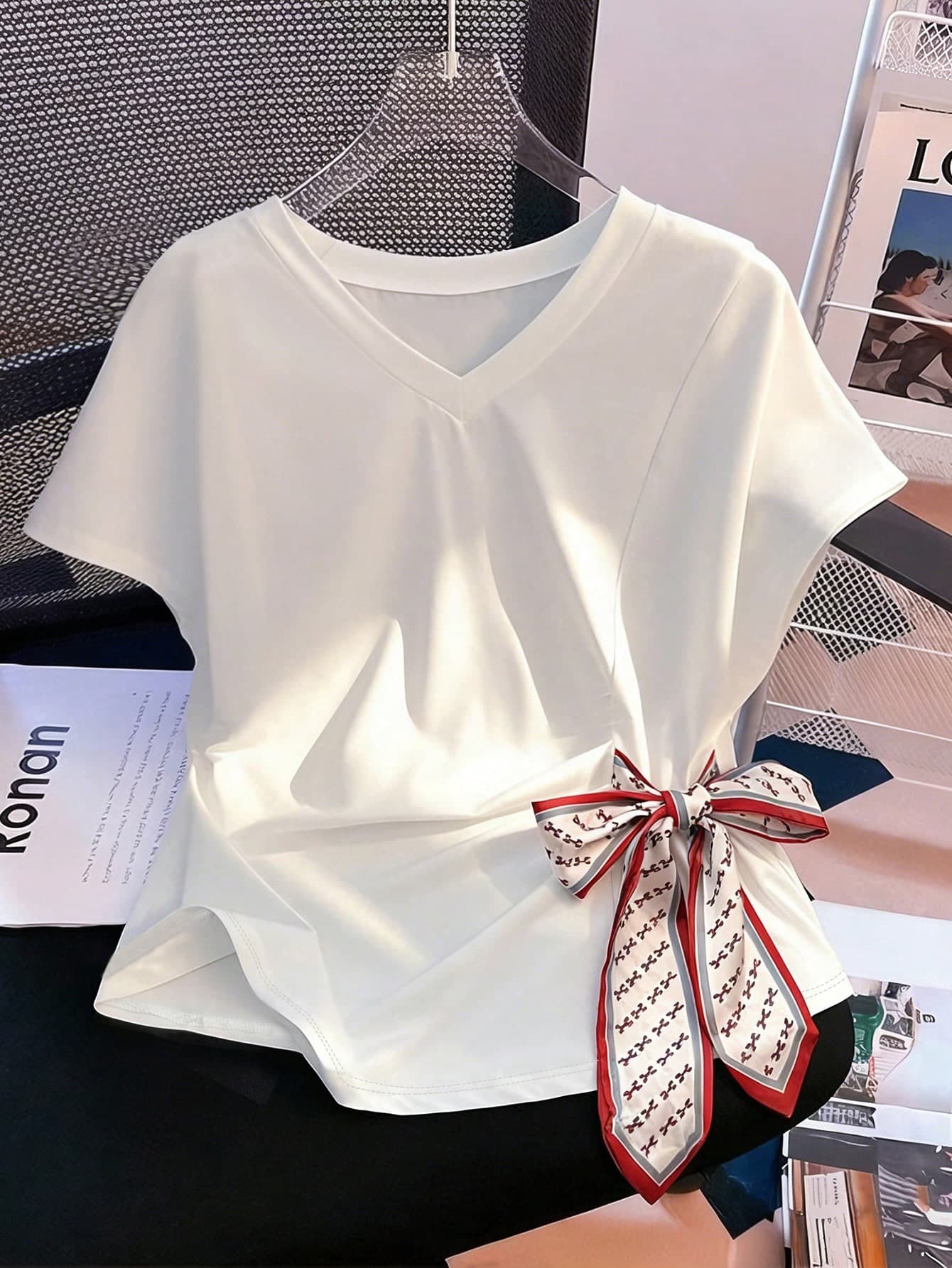GlowEve CURVE New Summer Plus Size Asymmetrical Design Scarf Tie Knit T-Shirt, Slimming White Casual Tee, Versatile Summer Top