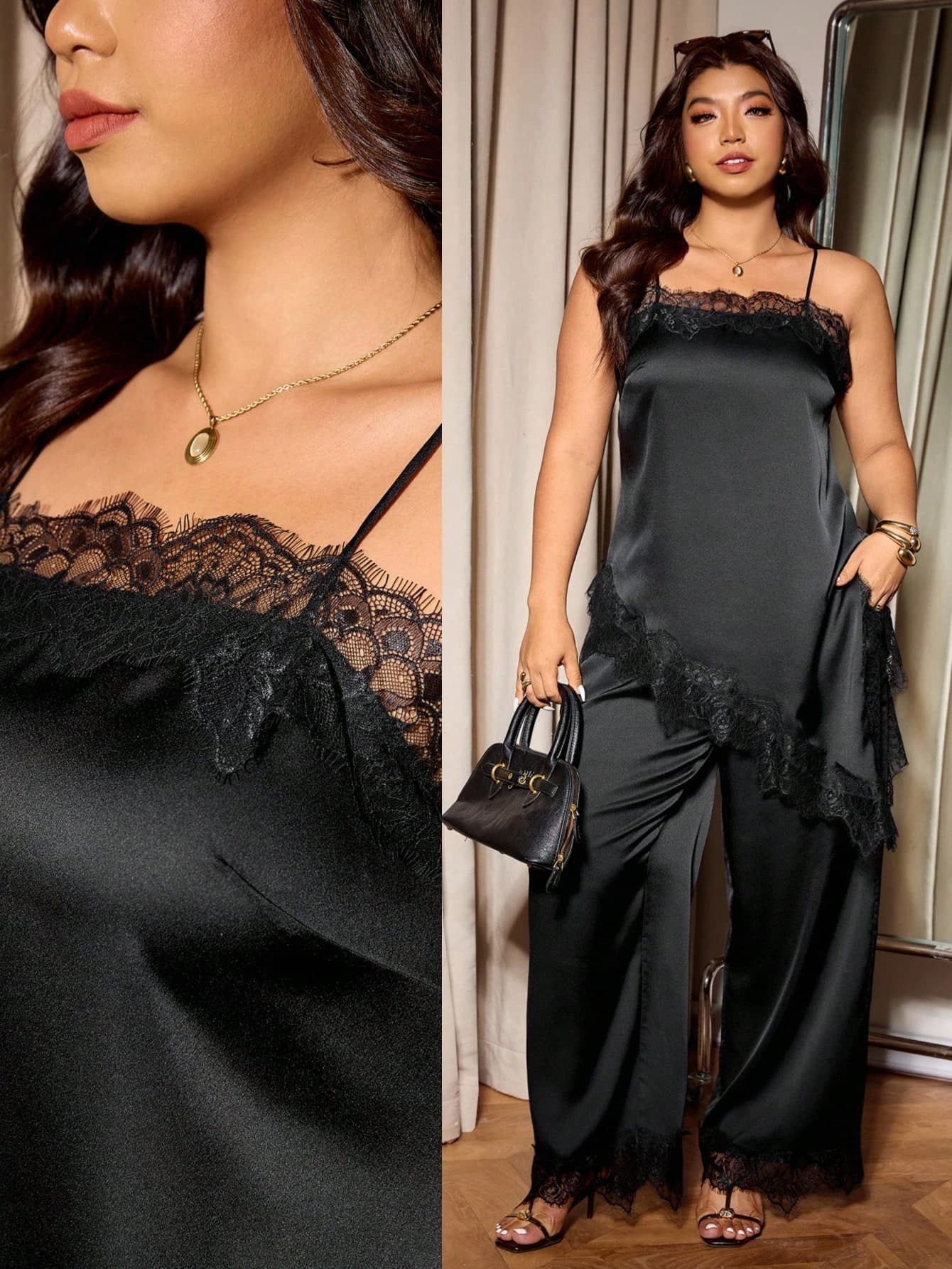 SHEIN Tall CURVE Plus Size 2-Piece Set,Elegant Sexy Satin Black Summer Night Out Cocktail Dinner Party Date Night Evening Formal Club,Sleeveless Camisole Pants
