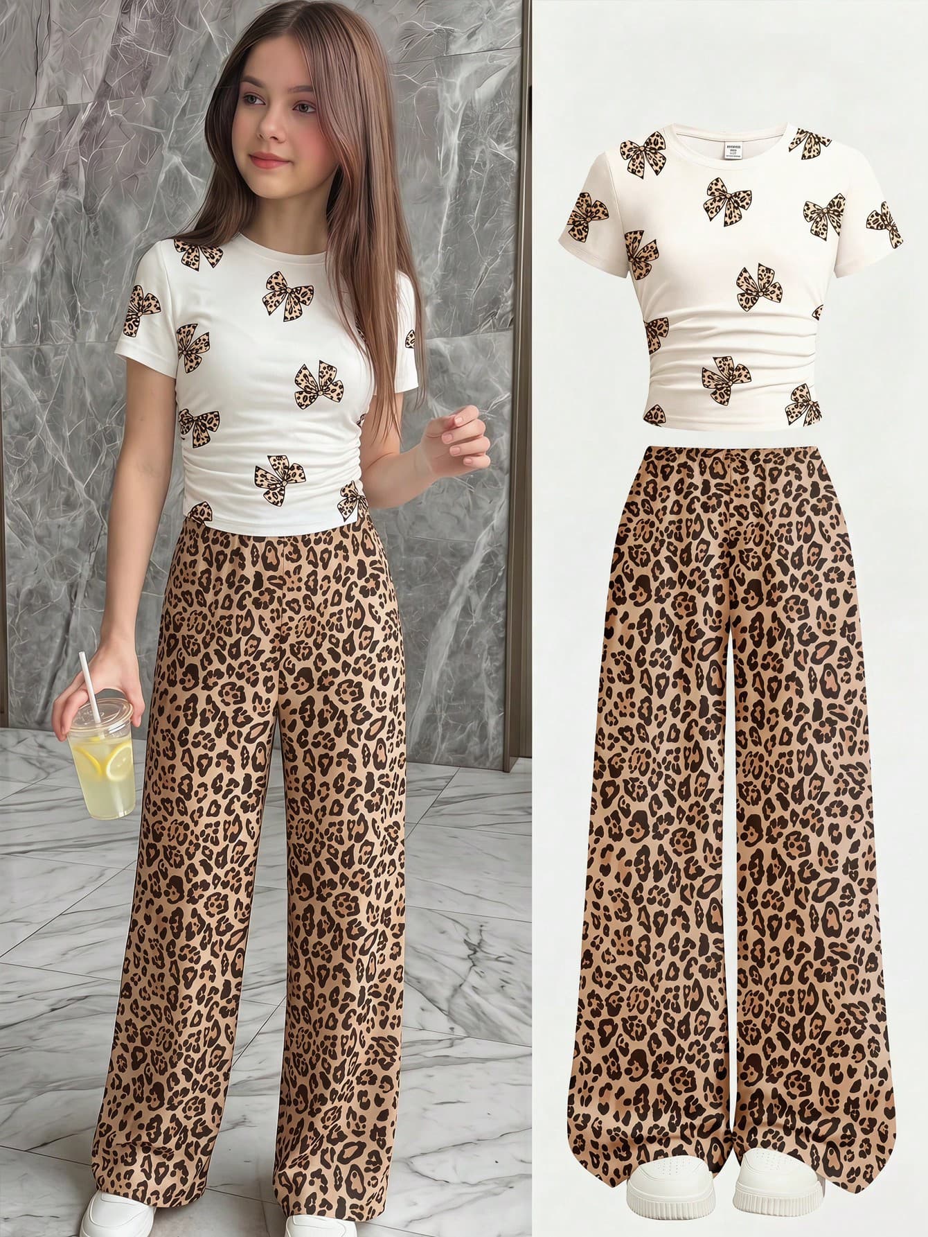 Firerie Kids Firerie Kids Tween Girls Cute White Leopard Print Bow Design 2 Piece Set,Summer Retro Ballet Sports Style Ruched T-Shirt And Loose Pants For Casual Daily Wear