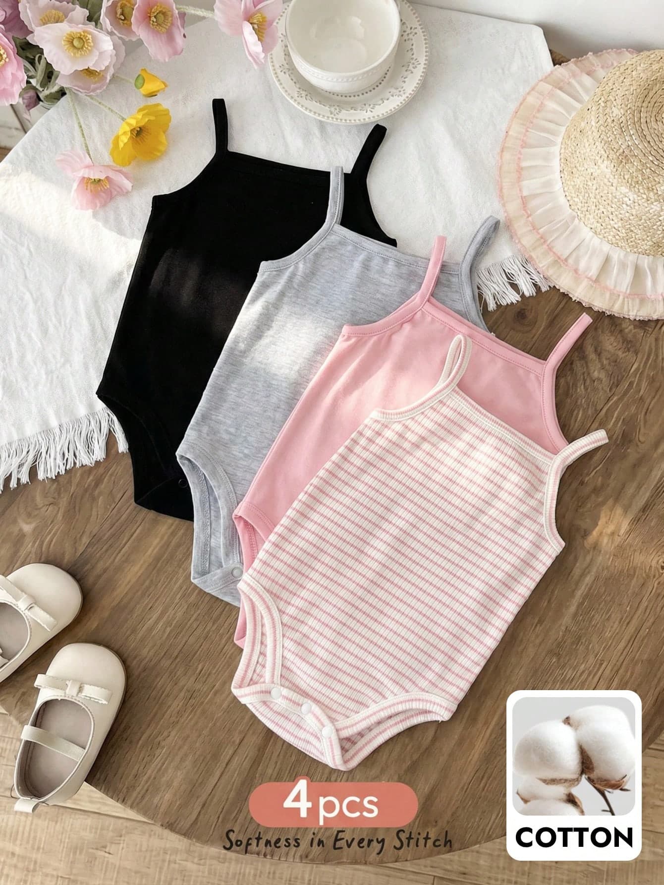 Cozy Pixies 4pcs Baby Girl Colorful Knitted Soft Round Neck Short Sleeve Romper Set