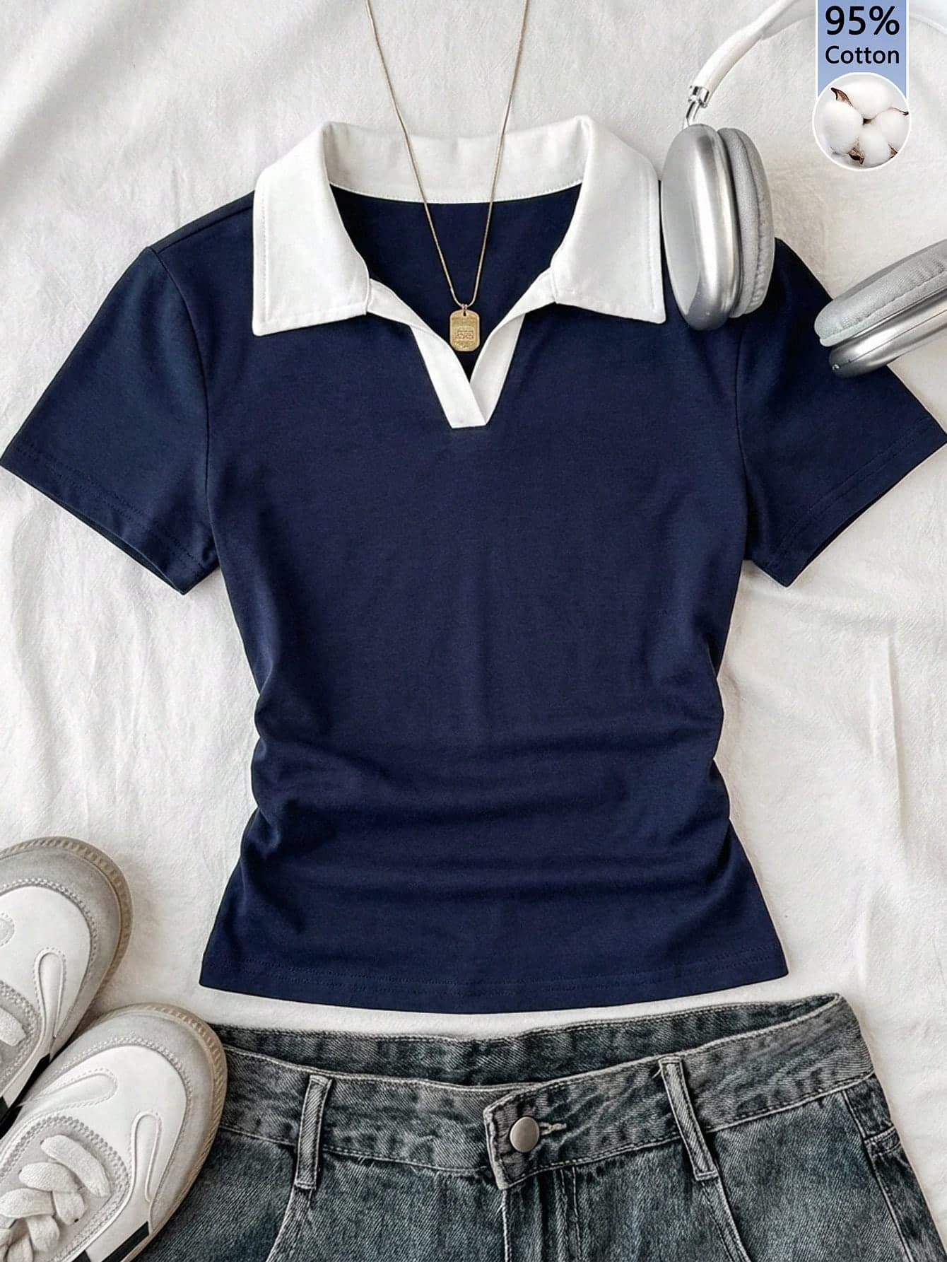 Attitoon Women's Summer Casual Navy And White Contrast Color Polo Collar Fitted Short Sleeve T-Shirt,Vintage School Back-To-School Top For Daily Commute,Y2K