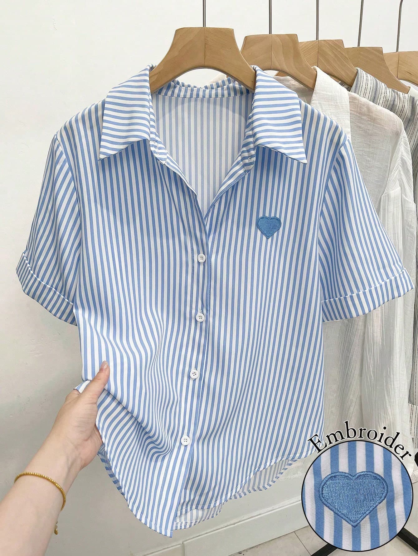 Resyla Women's Striped Print Heart Embroidery Casual Short Sleeve Shirt