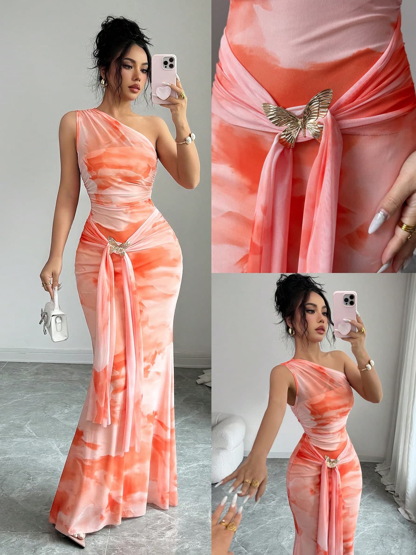 Elenzga Elenzya Women's Pink And Orange Mesh Digital Floral Print Sleeveless Bodycon Dress,Metal Butterfly Decor Elegant Summer Vacation Date Night Party