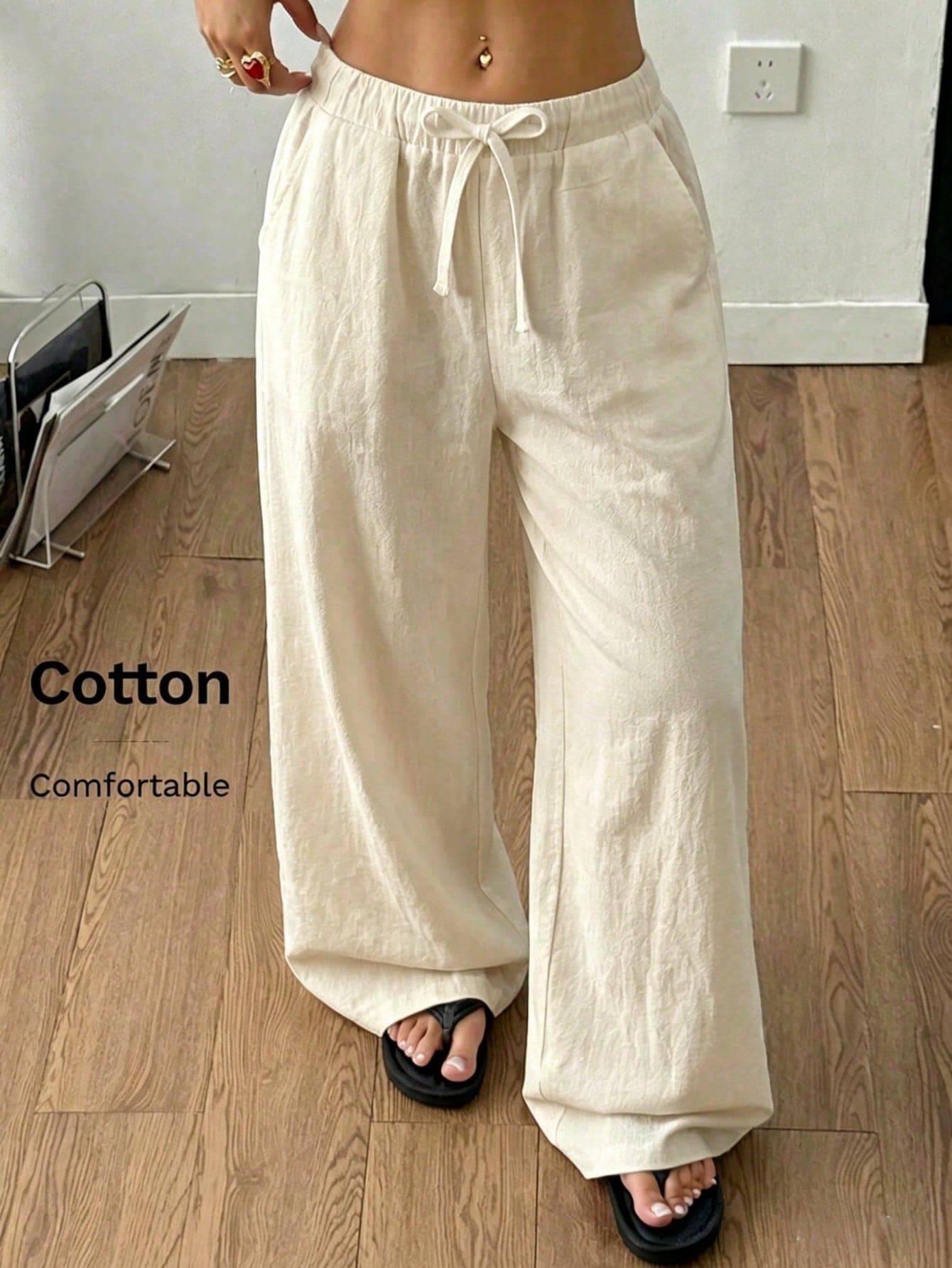 SHEIN Teen Girls Spring/Summer Beach Vacation Casual Daily Home Wear Versatile Woven Comfortable Solid Color Loose Long Pants With Pockets