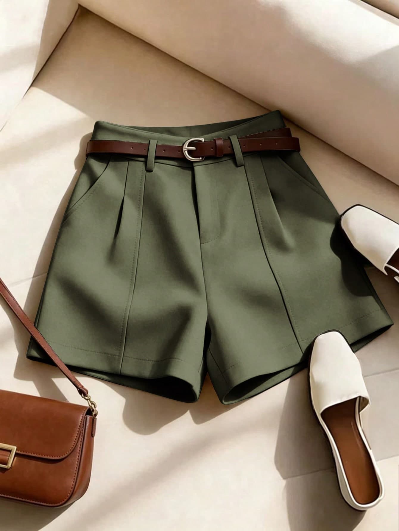 Franclia French Minimalist Fashion Woven Solid Color Commuting Casual, Retro, High Waist A-Line Wide Leg New Women Shorts